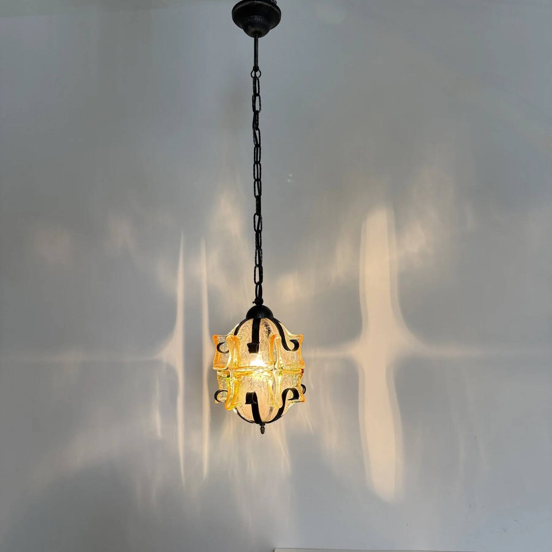 Brutalist glass and iron hanging lamp, 1970s