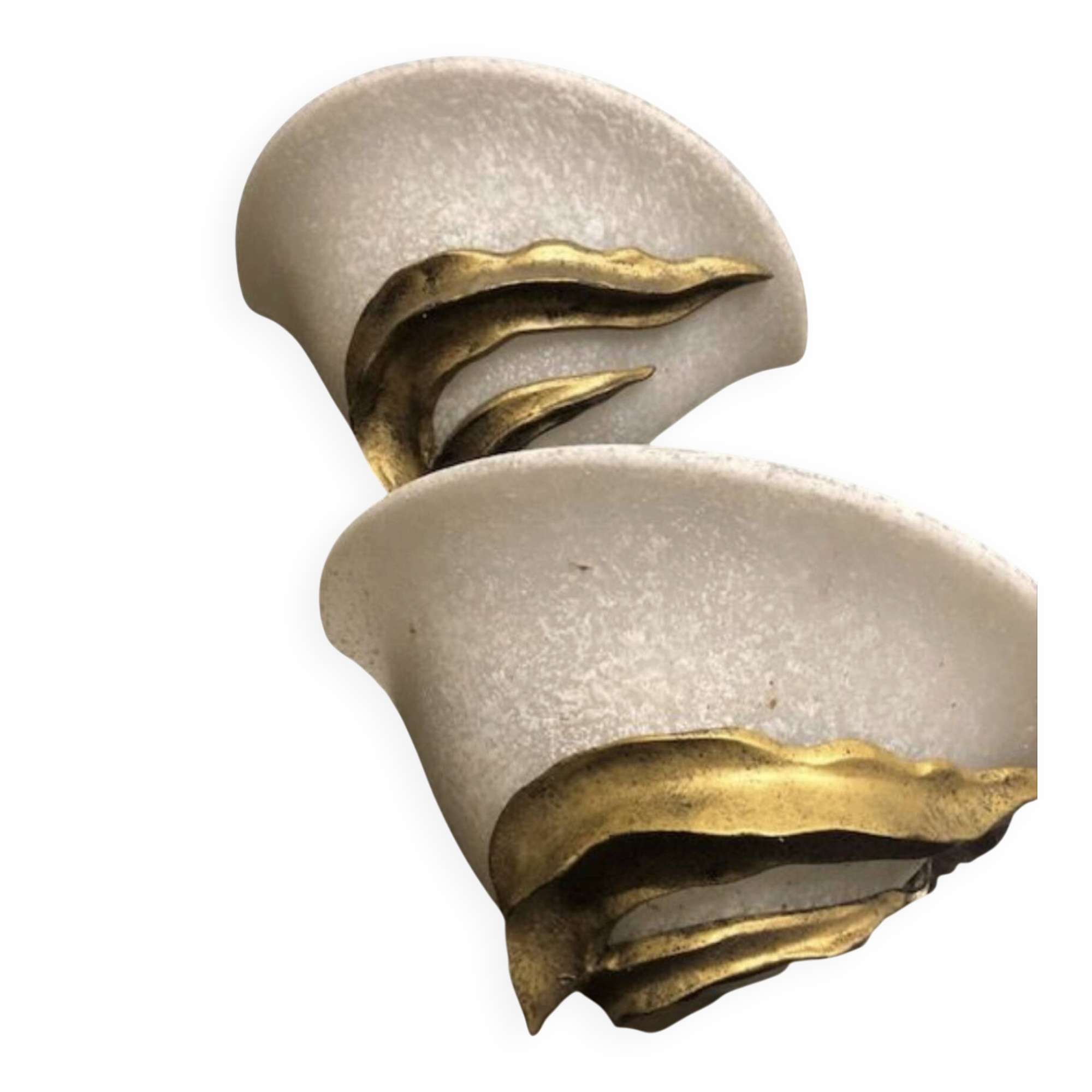 Pair of vintage wall lights in textured glass and gilded bronze – 1970s