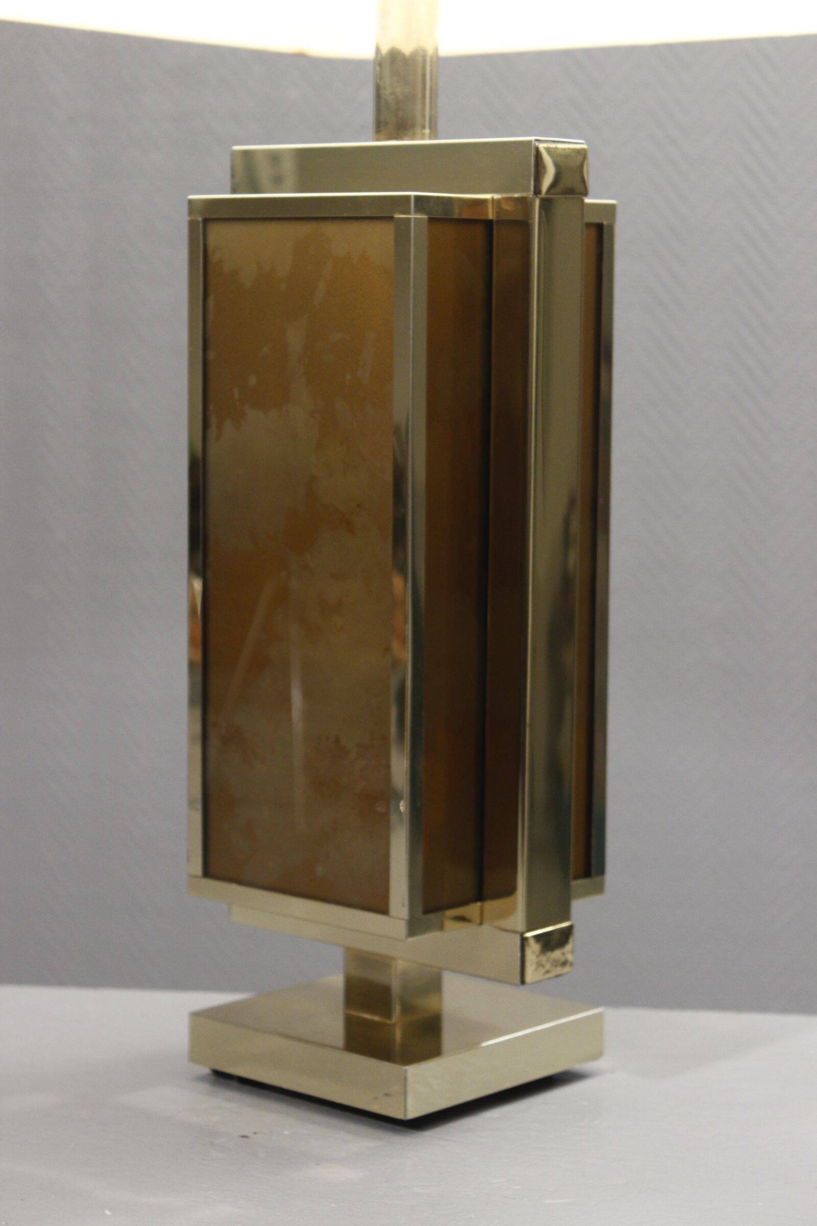 Philippe Cheverny large brass lamp with eglomisé glass, France 1970s