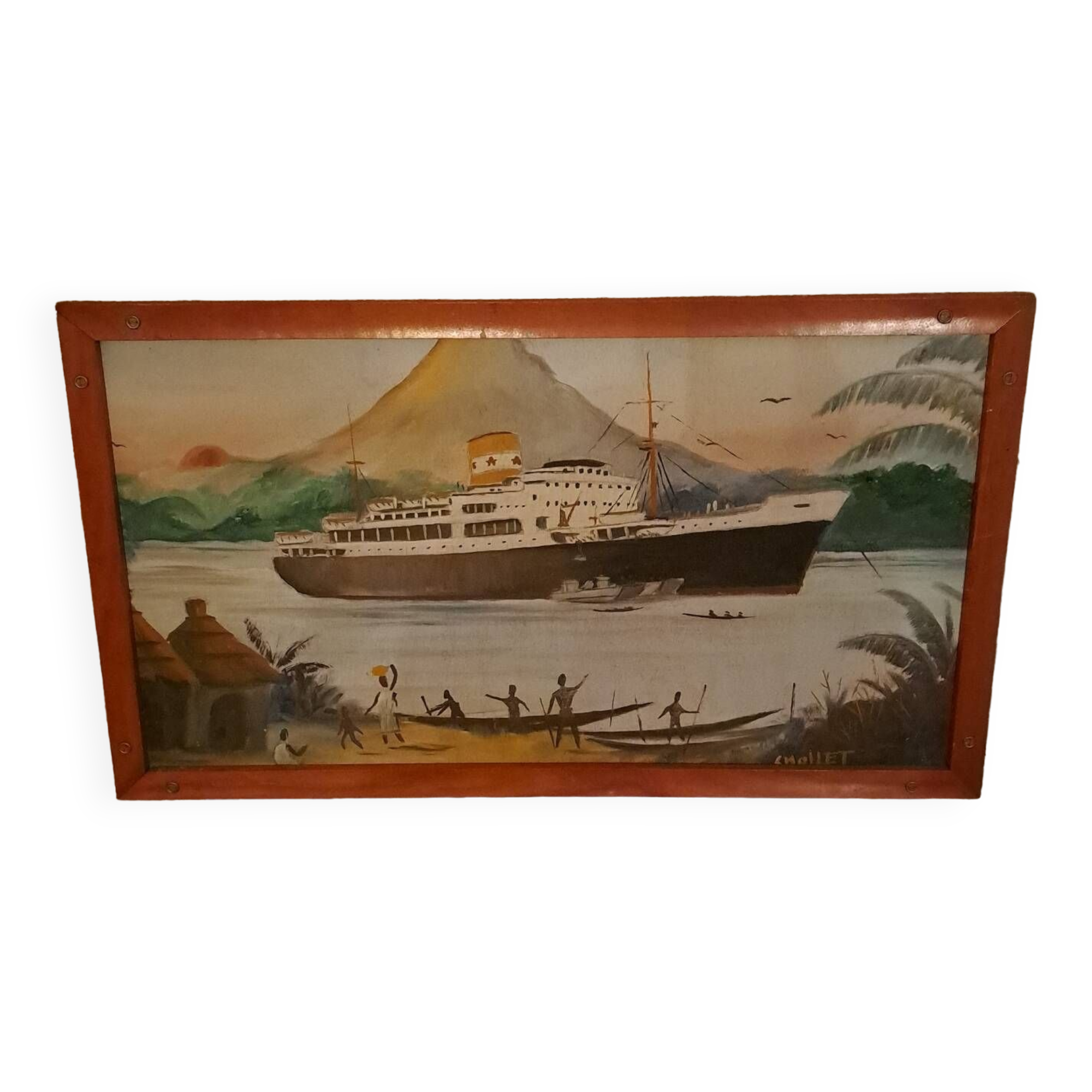 Tableau  "Paquebot en croisière "Signé.