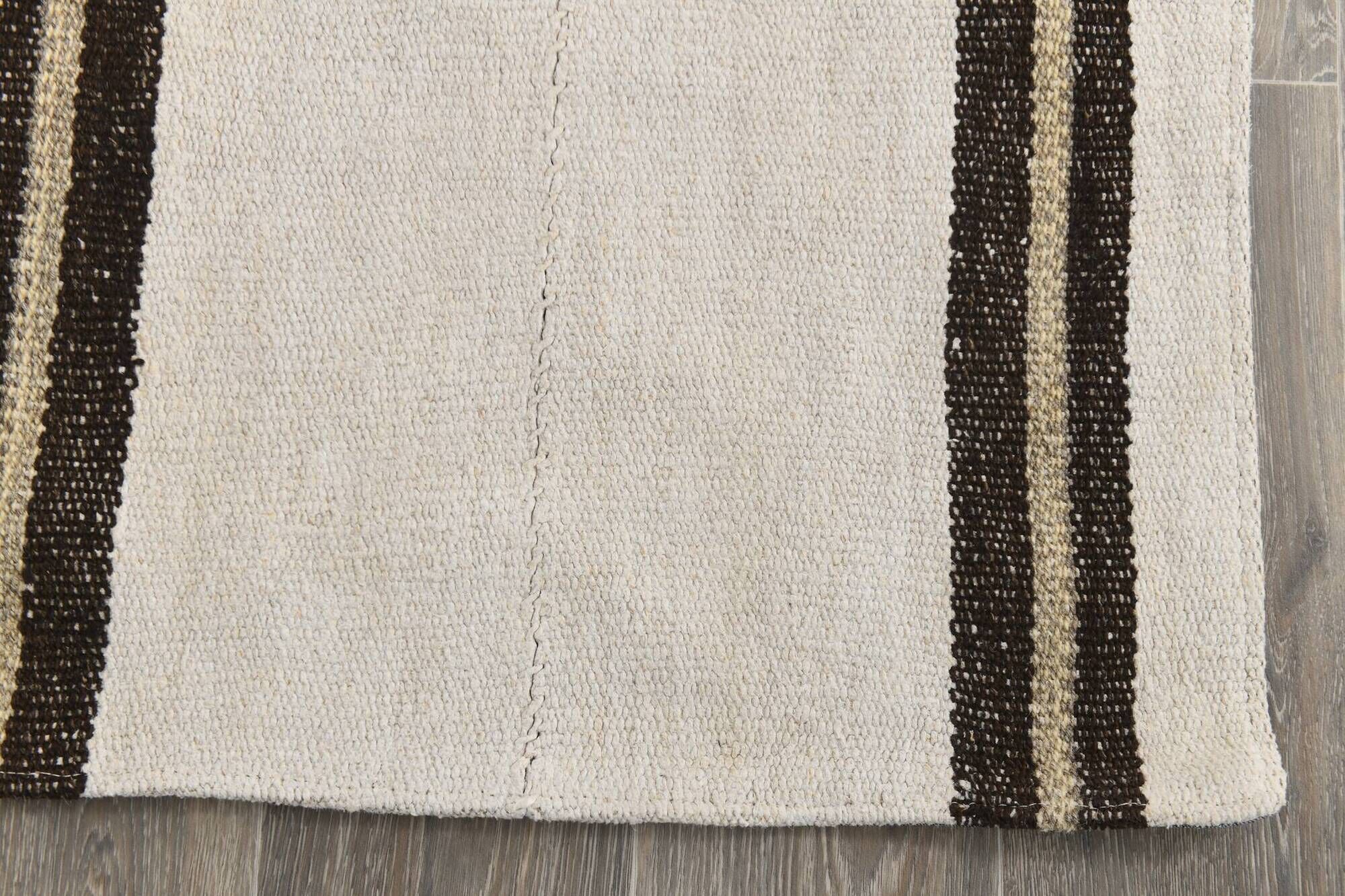 5x7 Turkish Hand-Woven Beige & Brown Striped Kilim Carpet, 144x202Cm