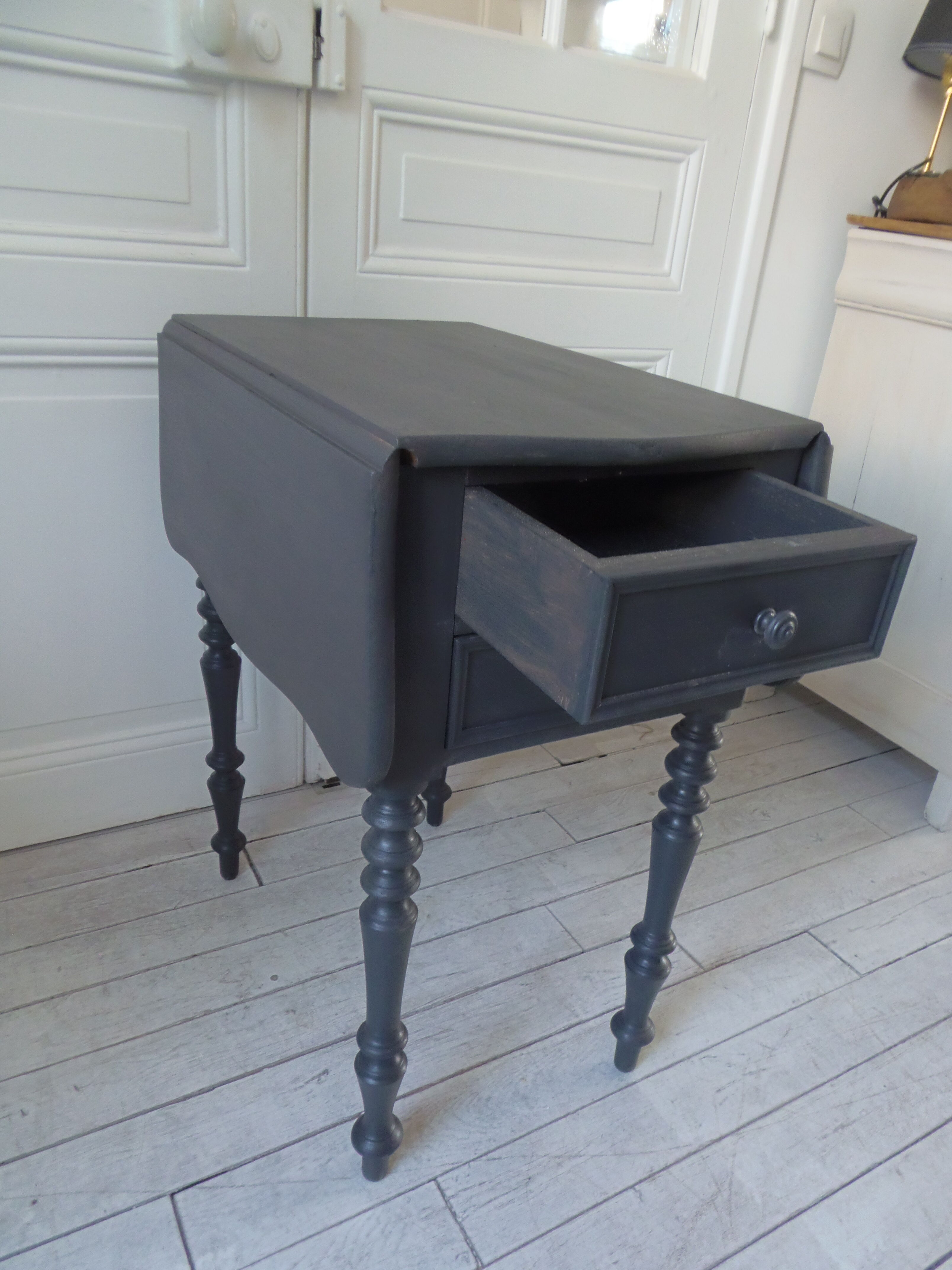 Louis Philippe bedside table with flaps, slate grey