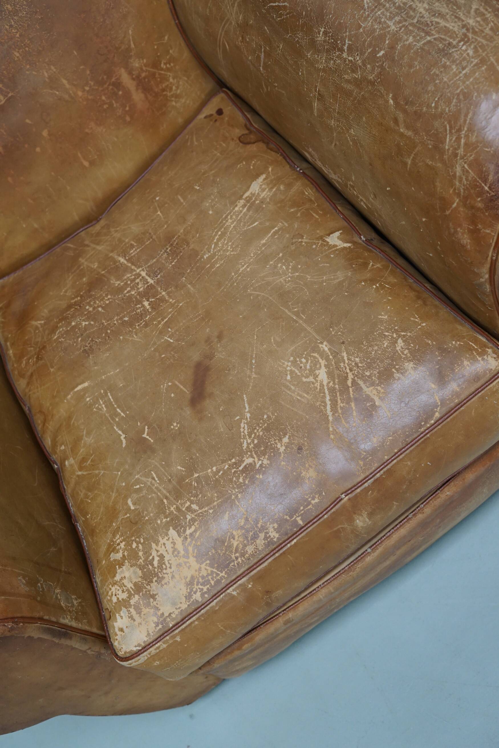 Pair of French club chairs with moustache back in cognac leather, 1940s