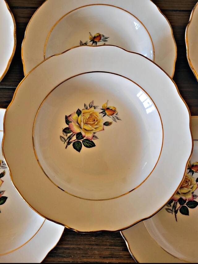 6 Gien Gardanne soup plates, pink and yellow, with gold trim