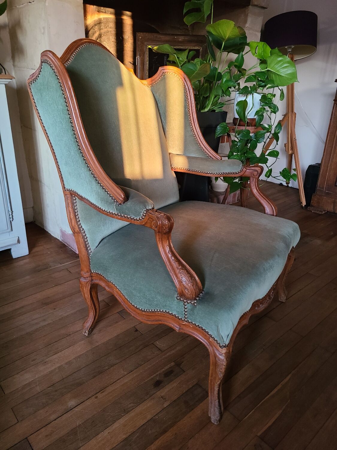 Vintage Louis XV style wing chair, light green velvet