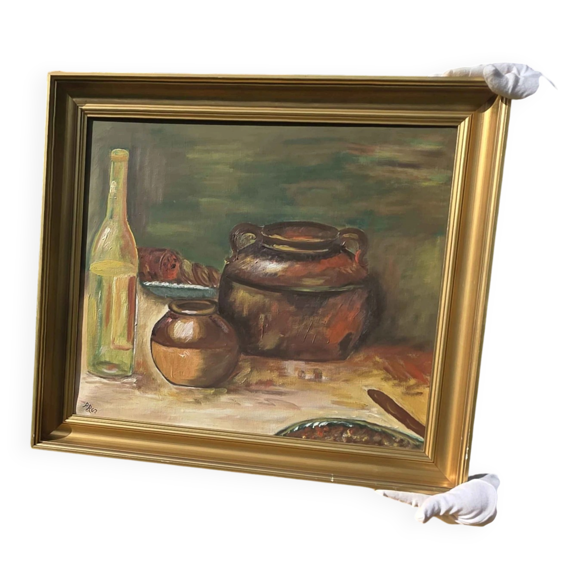 Peinture à l'huile de pot en cuivre de cuisine rustique - 1962