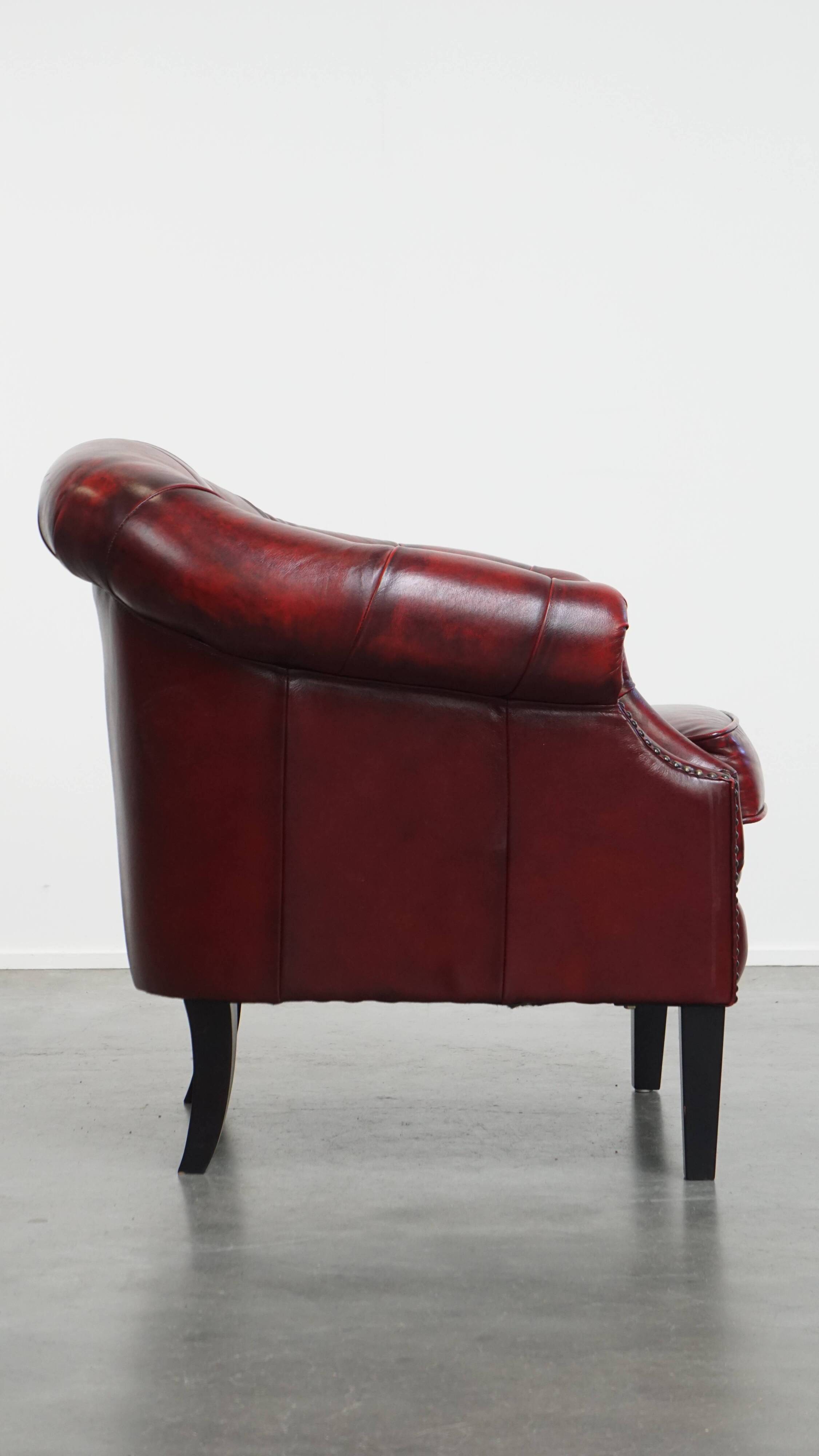 Set of a Red Cowhide Leather Chesterfield Club Chair and Side Table