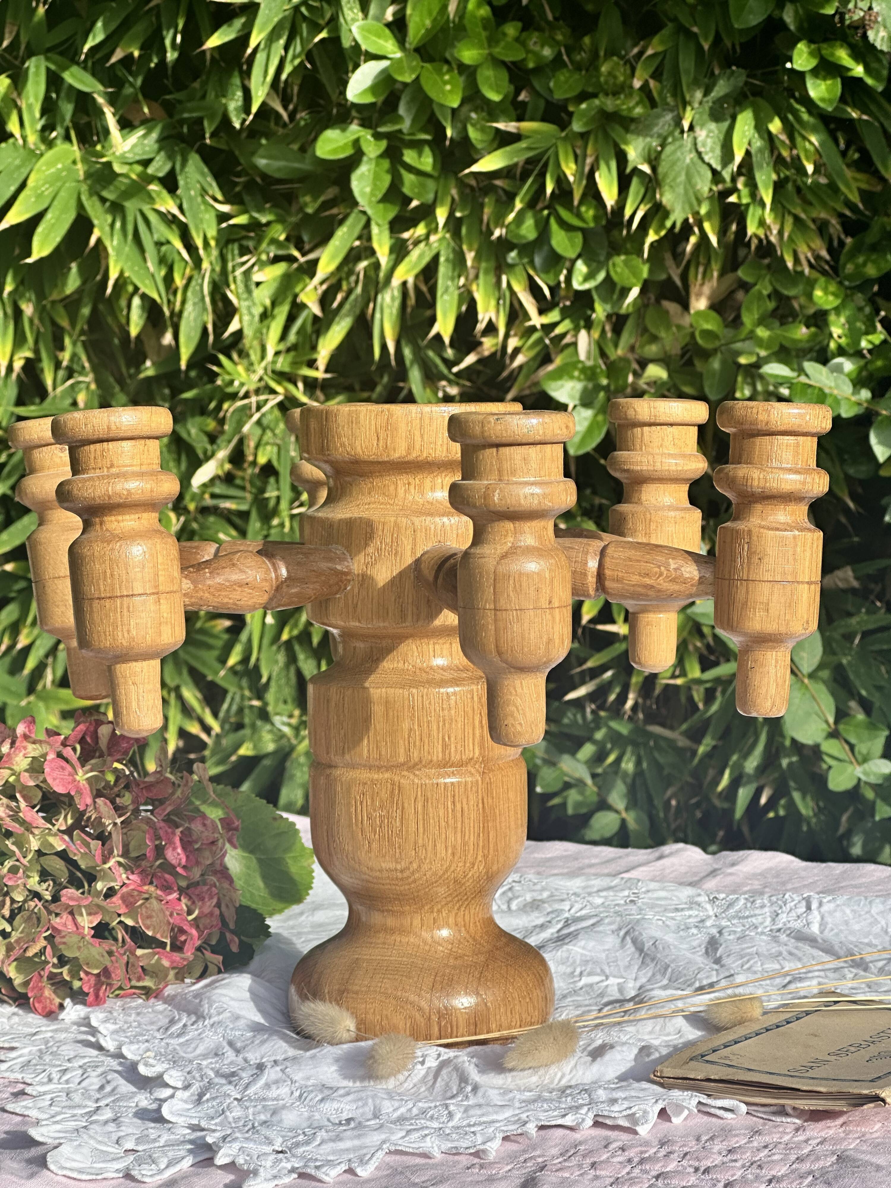 Vintage Scandinavian Candle Holder in Natural Wood, 60s Design - 7 Candles