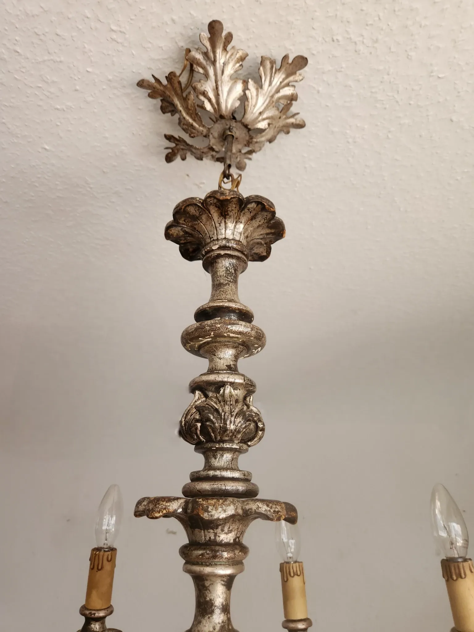 Xl Large Vintage Regency Mid Century Louis XV Baroque Rococo Hand Painted Carved Wood 8 Light Chandelier Floral, Italy, Florence 1920 1950