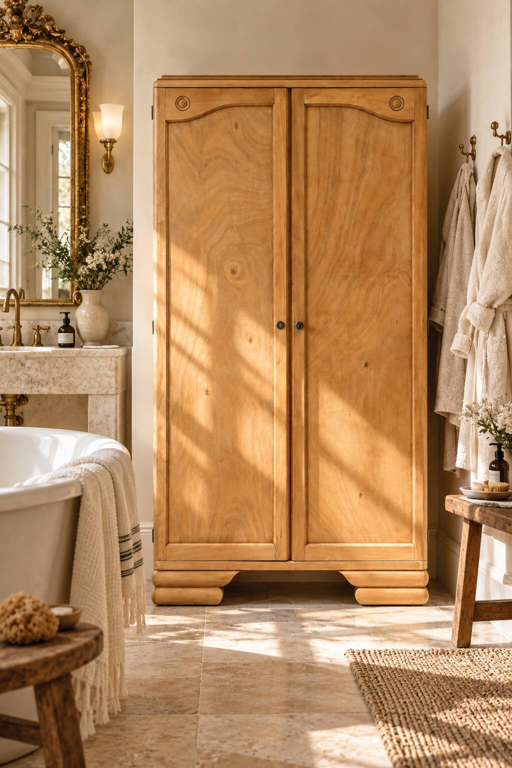 Parisian Art Deco wardrobe, renovated with raw wood.