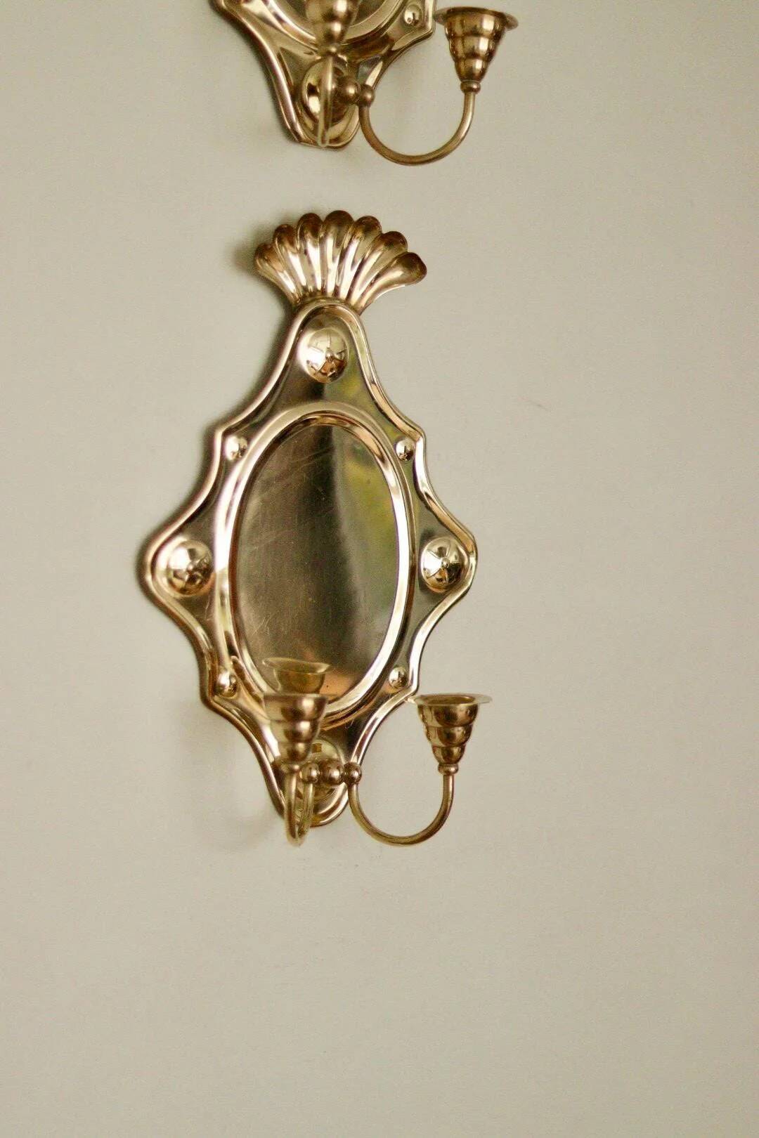 Large Swedish brass wall sconces in mid-century baroque style.