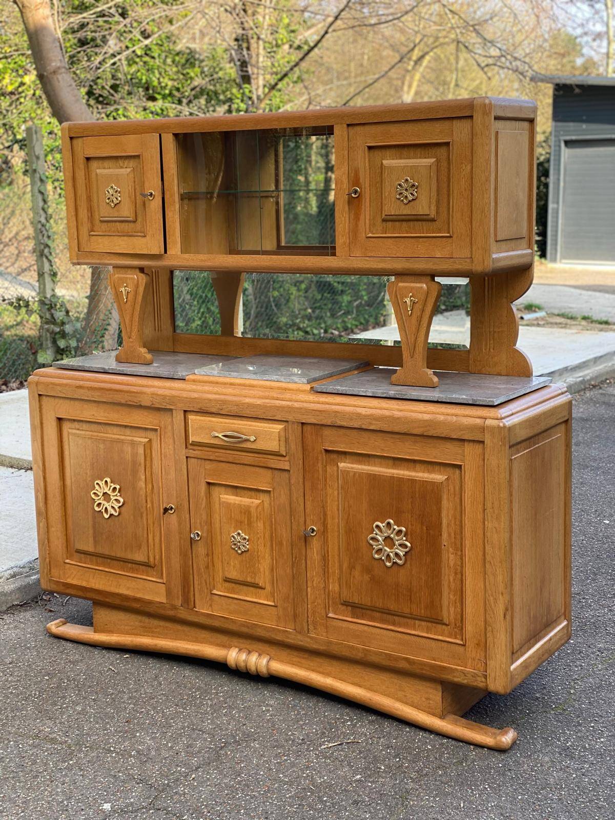 Parisian Art Deco sideboard with 2 sections in solid oak and marble, 1940
