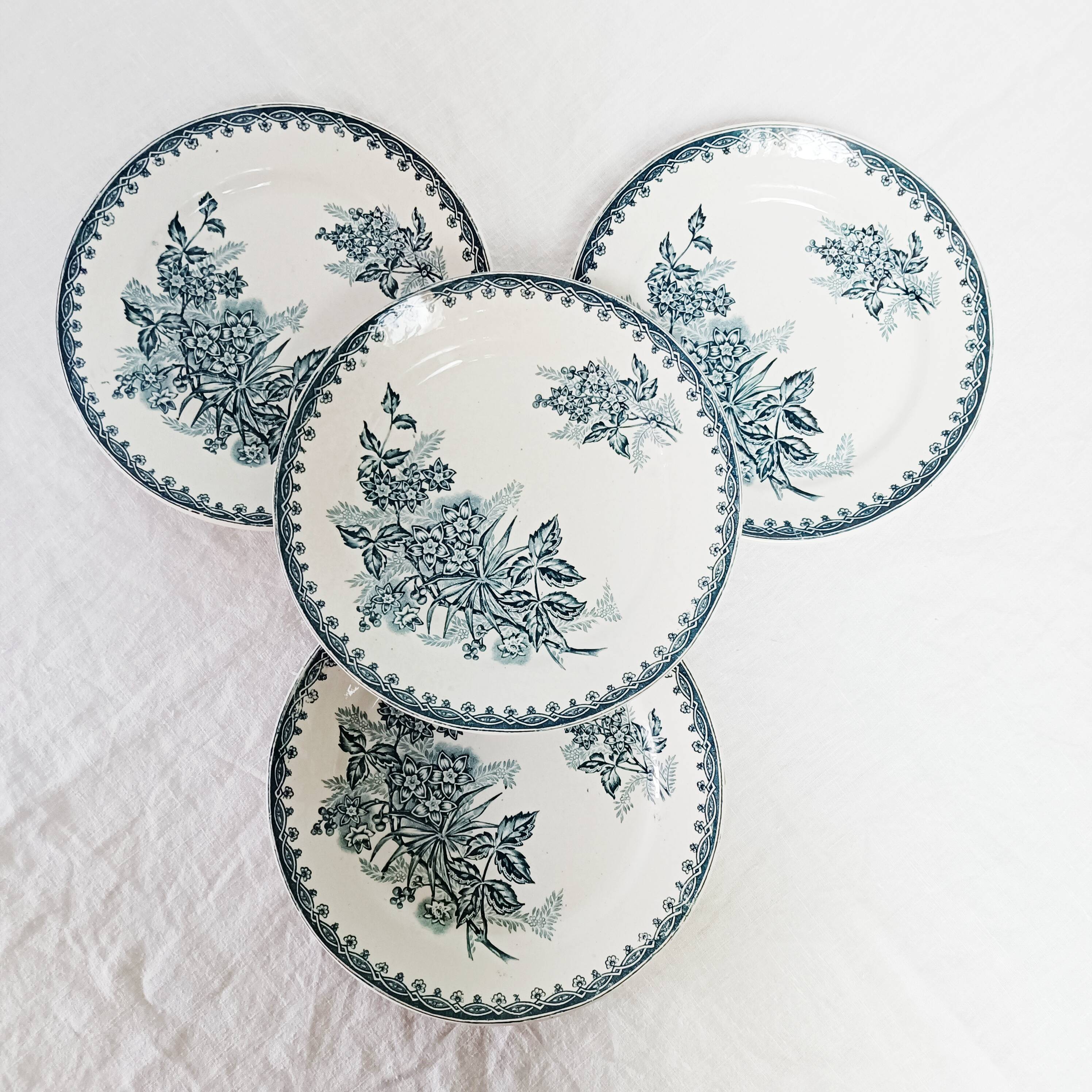 Set of 4 flat plates, iron earth, Société Amandinoise, Margot