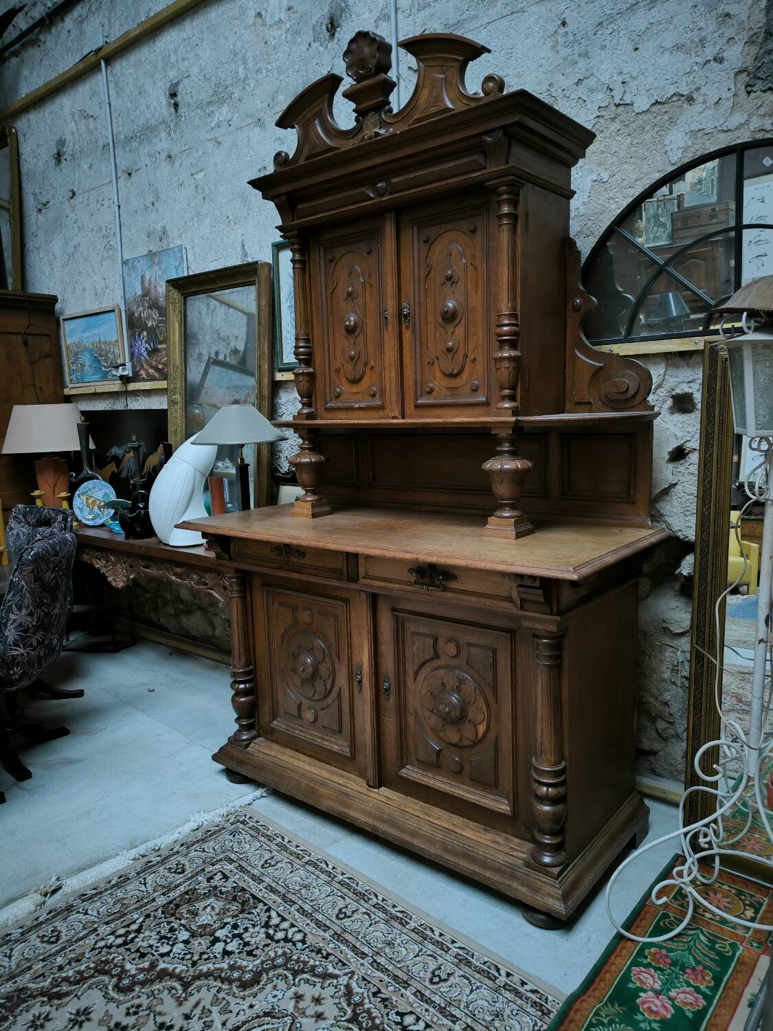 Two-part solid oak buffet circa 1880
