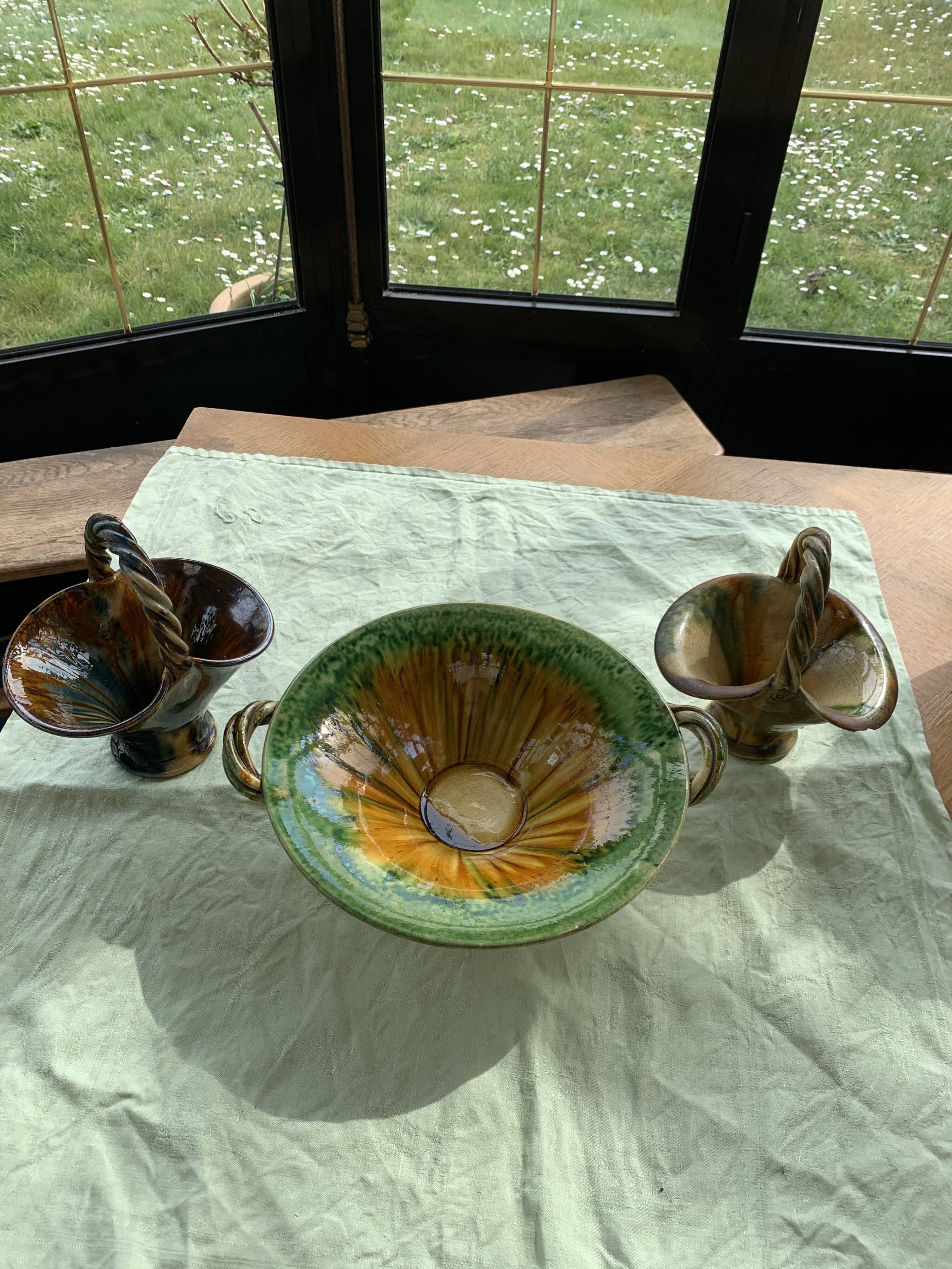 Cup and two baskets glazed sandstone pottery lacourbas with old issoire