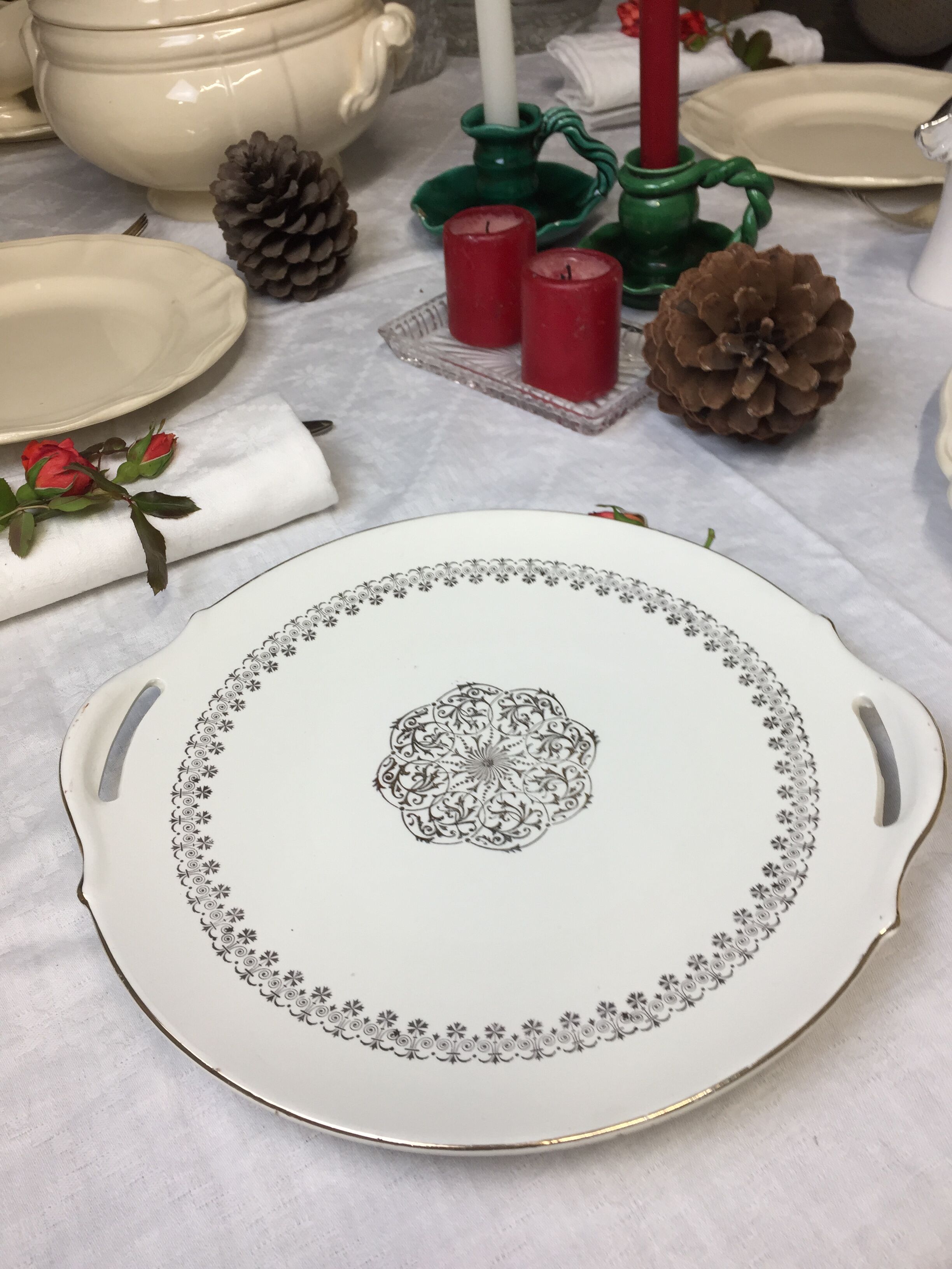 Round dish with white and gold handles made in France Digoin Sarreguemines