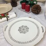 Round dish with white and gold handles made in France Digoin Sarreguemines