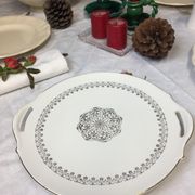 Round dish with white and gold handles made in France Digoin Sarreguemines