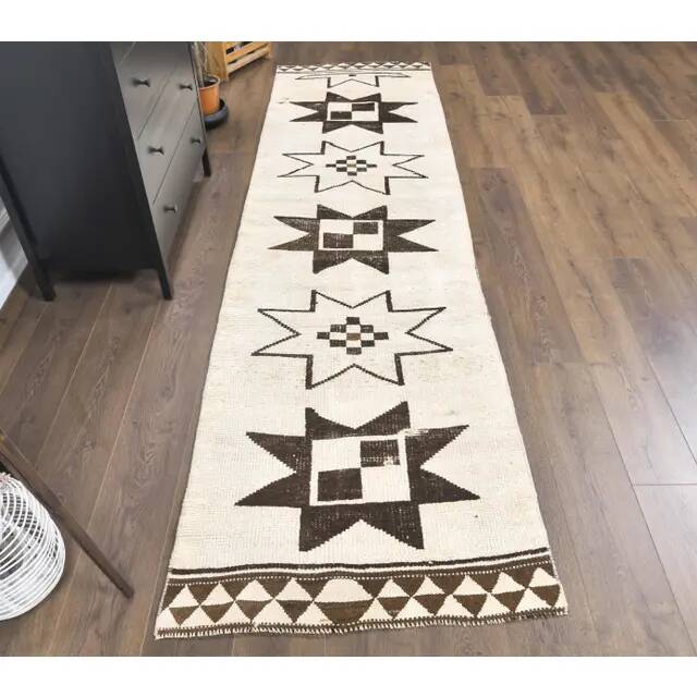 Vintage Geometric Turkish Oushak Hand-Knotted Runner 88x320