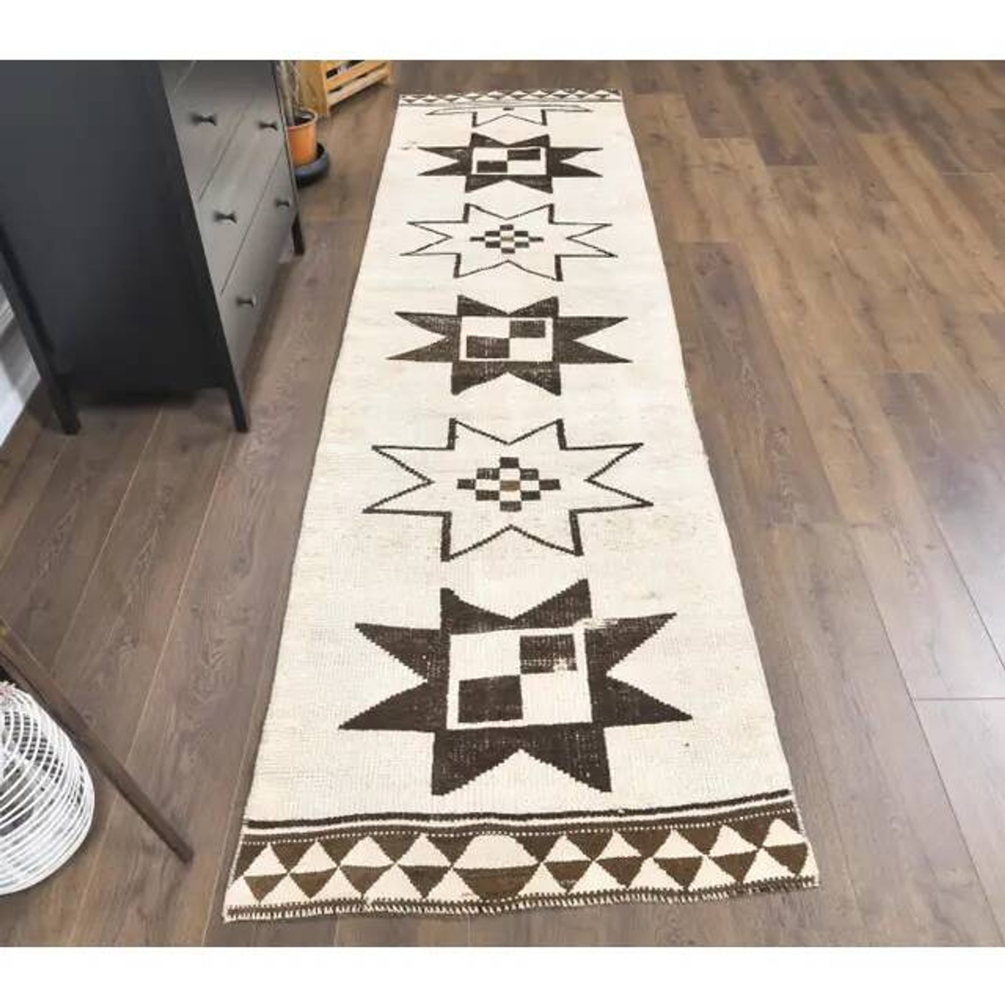 Vintage Geometric Turkish Oushak Hand-Knotted Runner 88x320