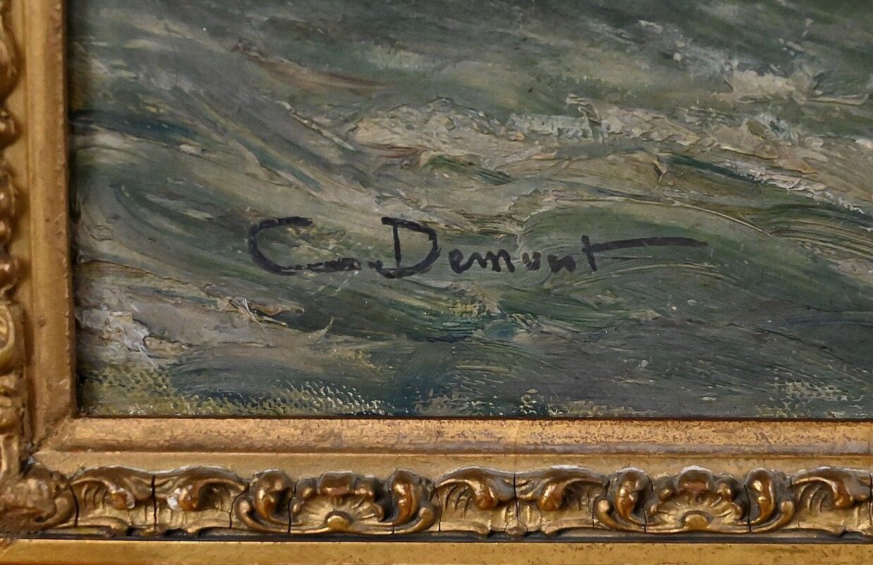Painting "Entry to the Port in Rough Seas", oil on canvas, signed C. Demont – early 20th century