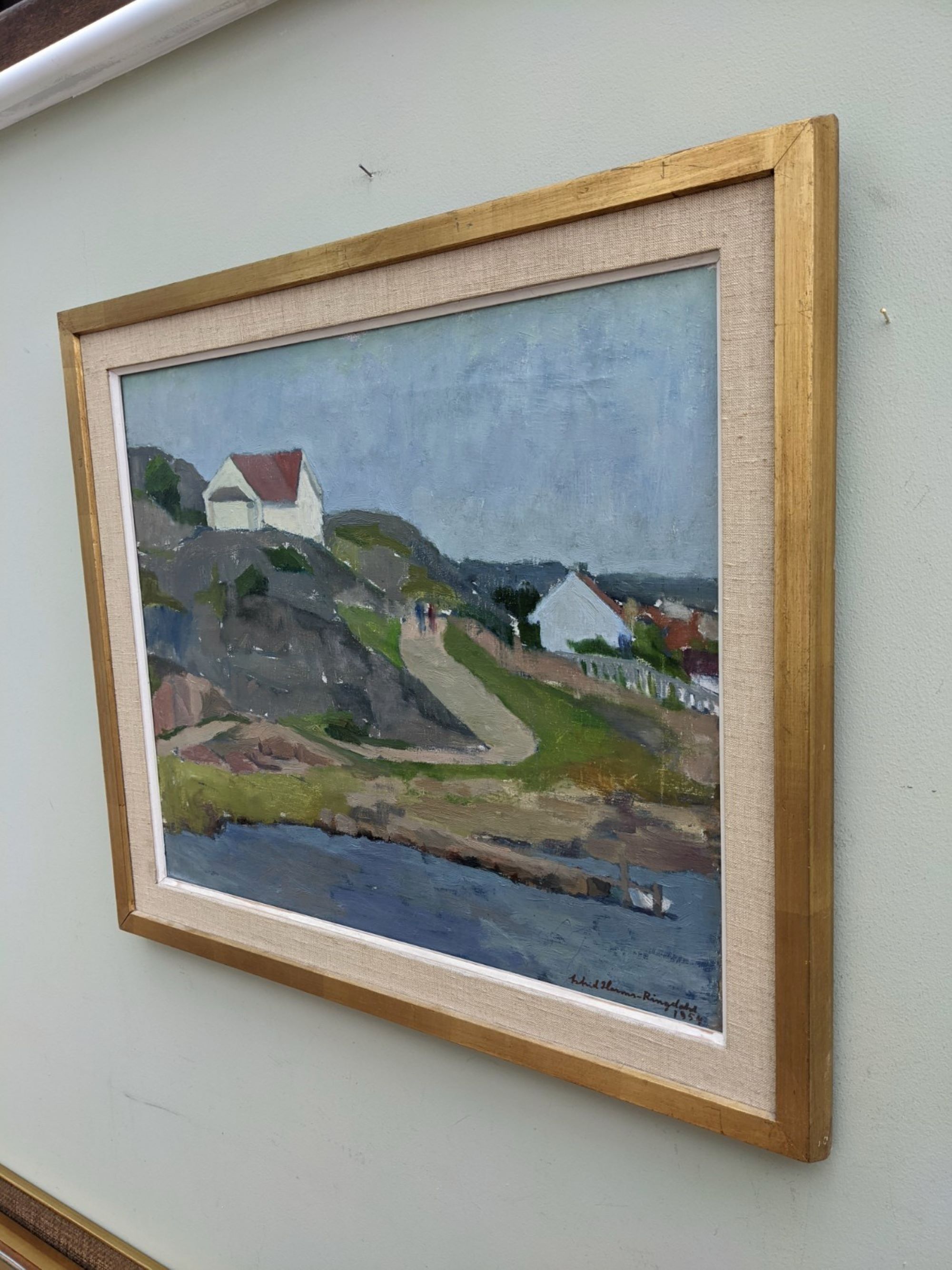 1954 Mid Century Modern Landscape Oil Painting 'Walking the Archipelago', Framed