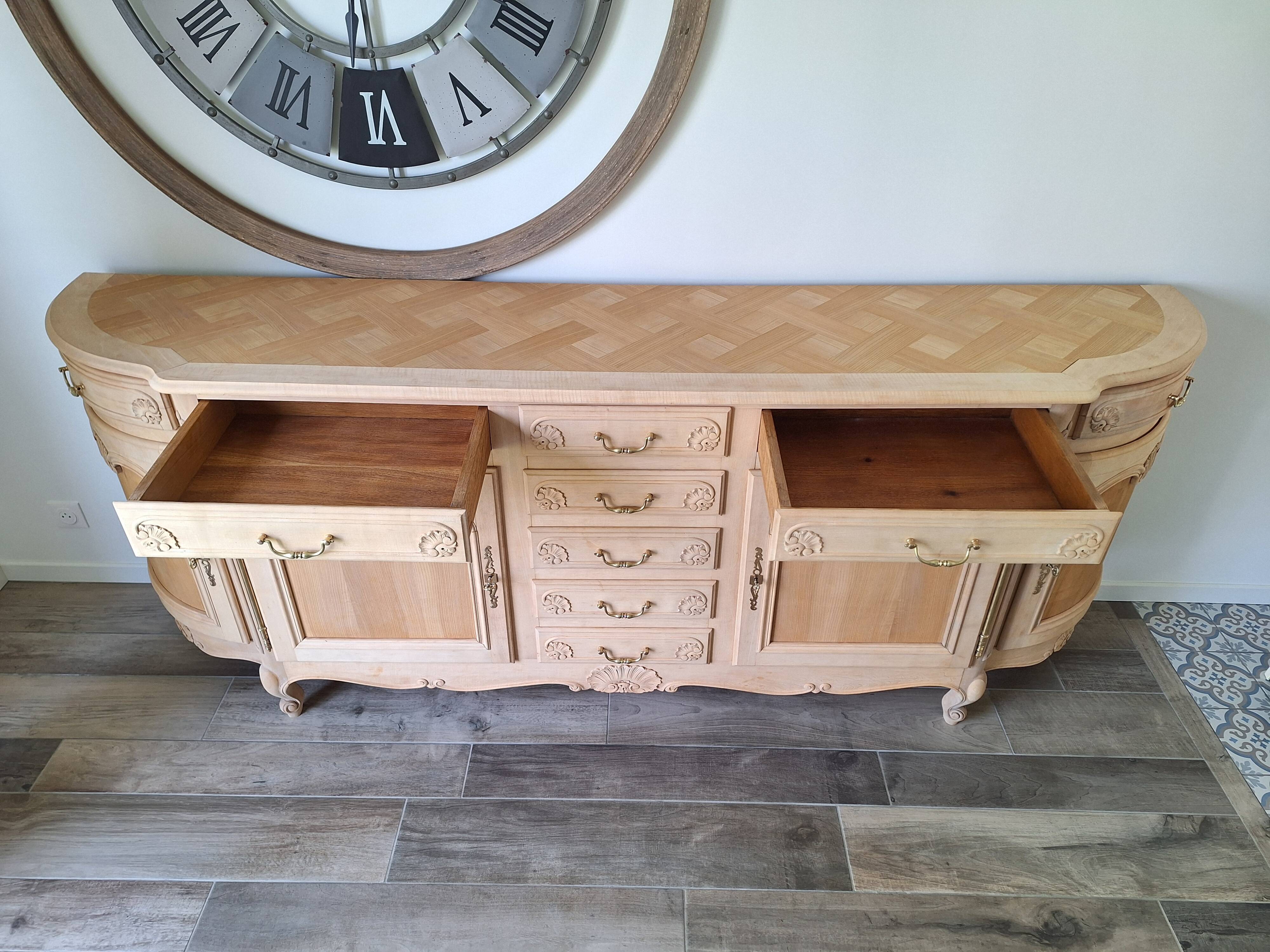 Low buffet in renovated solid cherry wood – Revisited Louis XV style – 250 cm