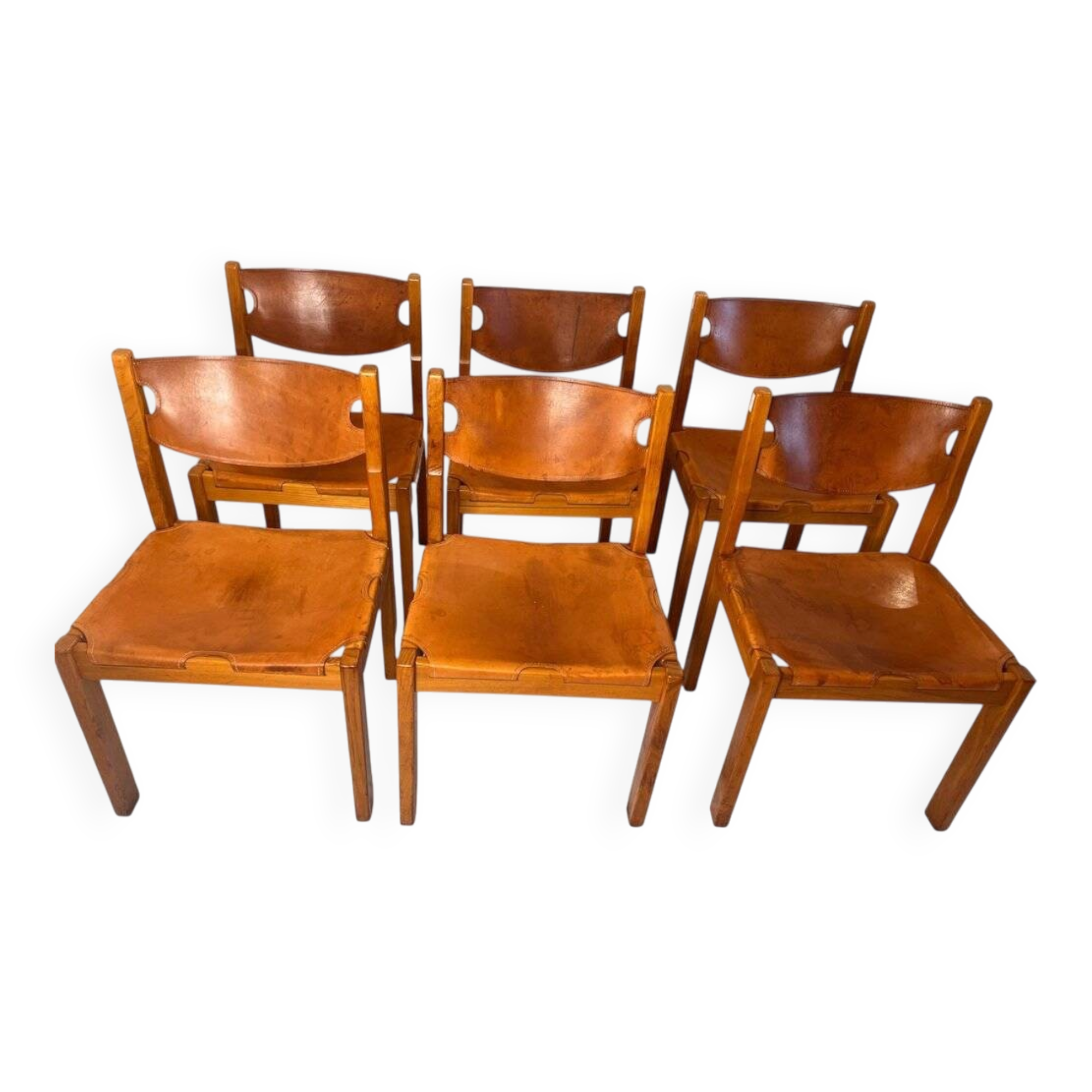 Vintage elm and leather chairs by Maison Regain, 1970s, set of 6.