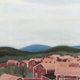 Peinture à l’huile de paysage de style naïf suédois du milieu du siècle, encadrée