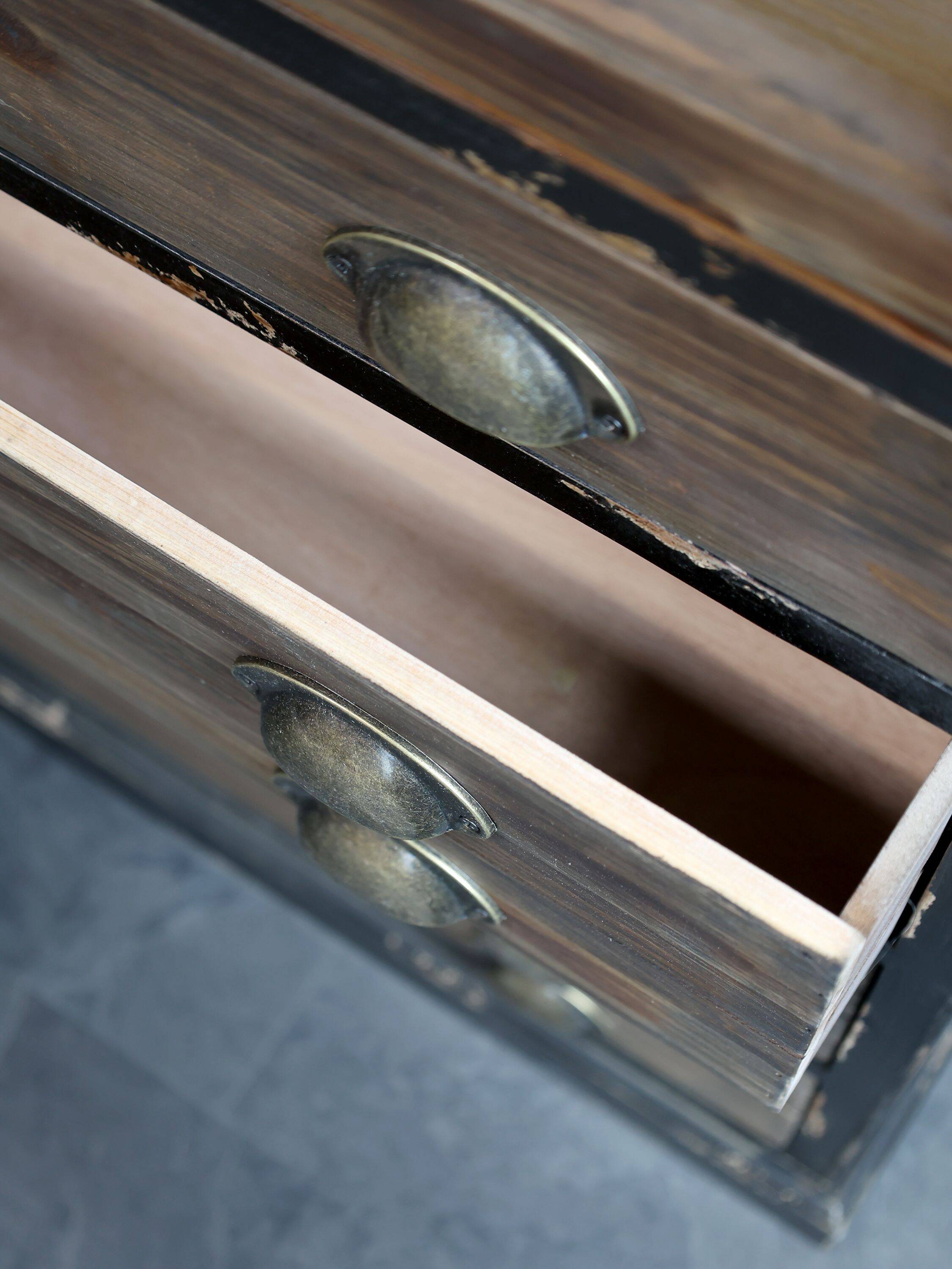 Display cabinet – Vintage sideboard with wooden drawers and glass doors