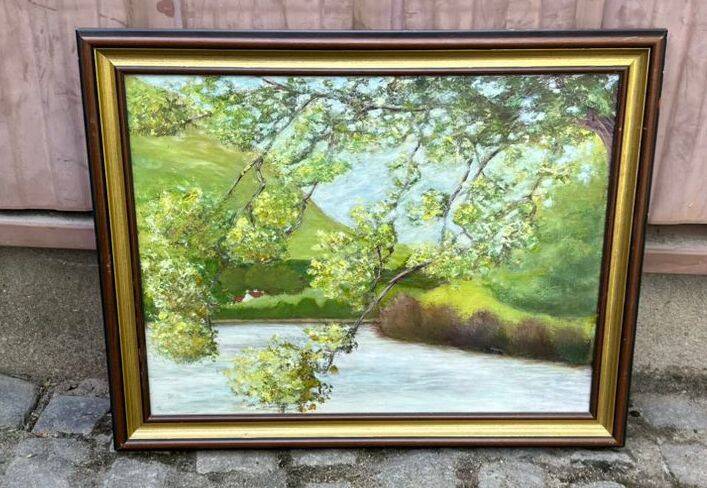 Oil painting on canvas, landscape of the Seine, 75x56cm.