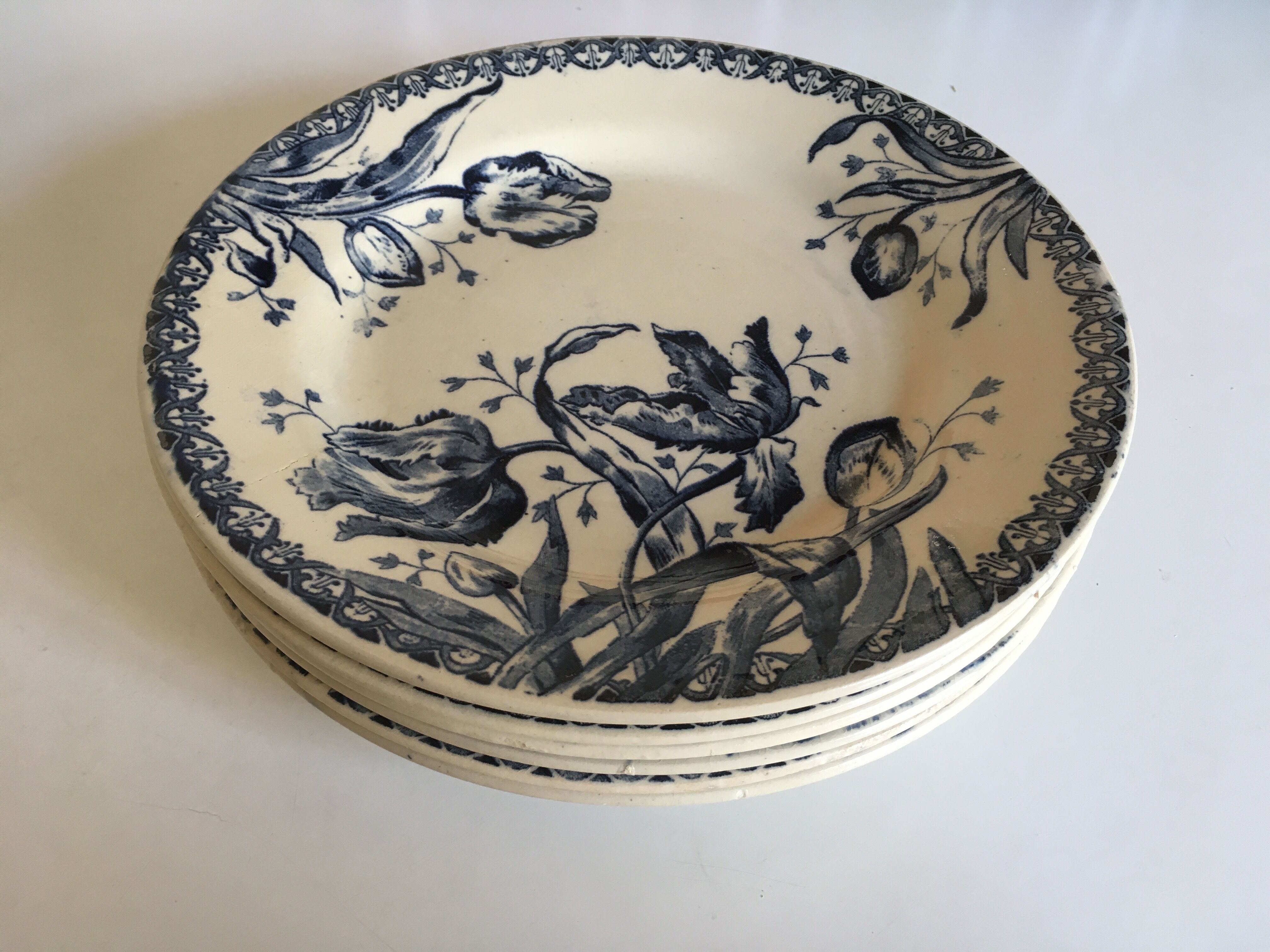 Set of 6 flat Tulips earthenware plates of Gien of the nineteenth century