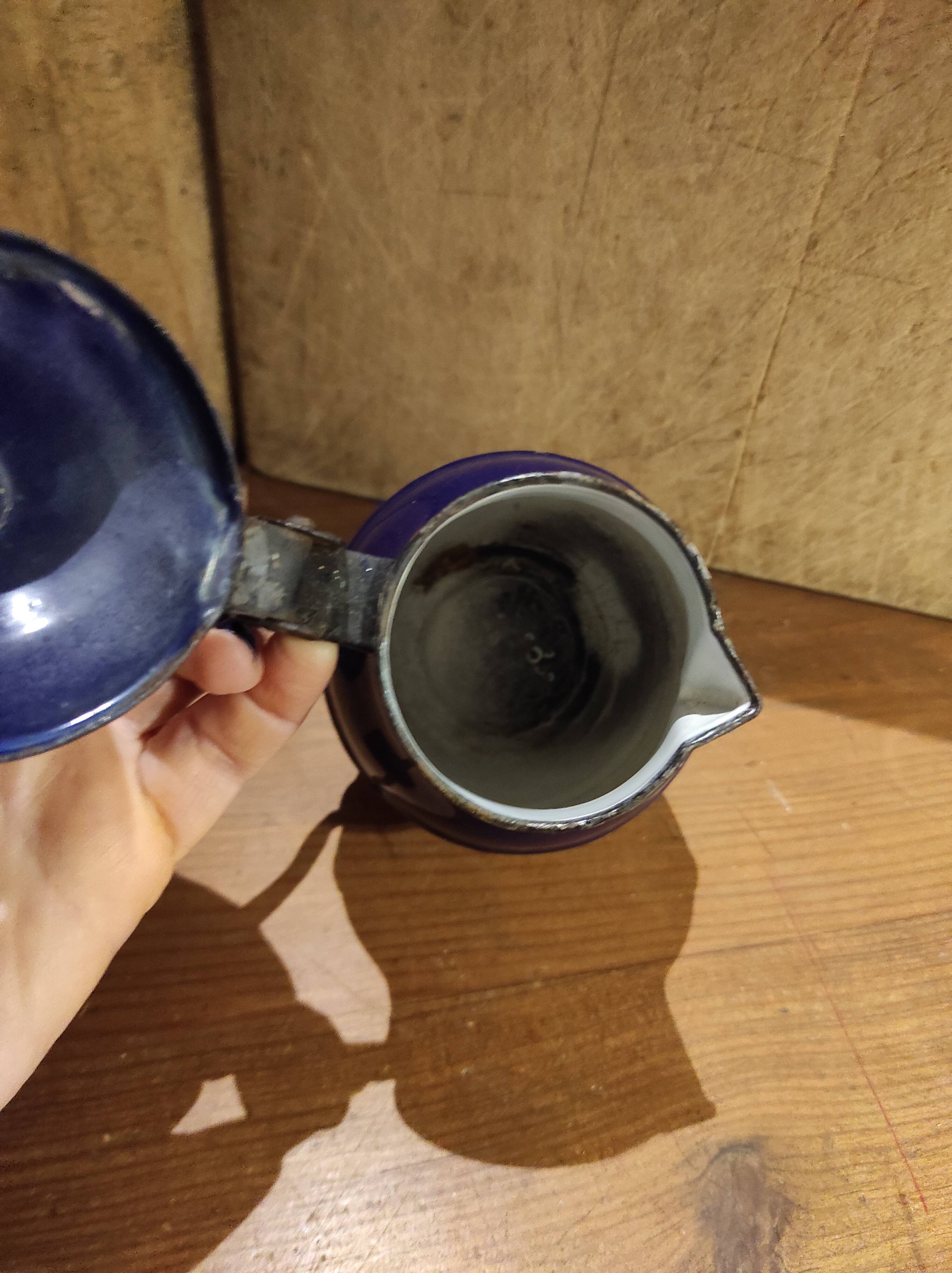 Small vintage French jug with lid, in blue enamel
