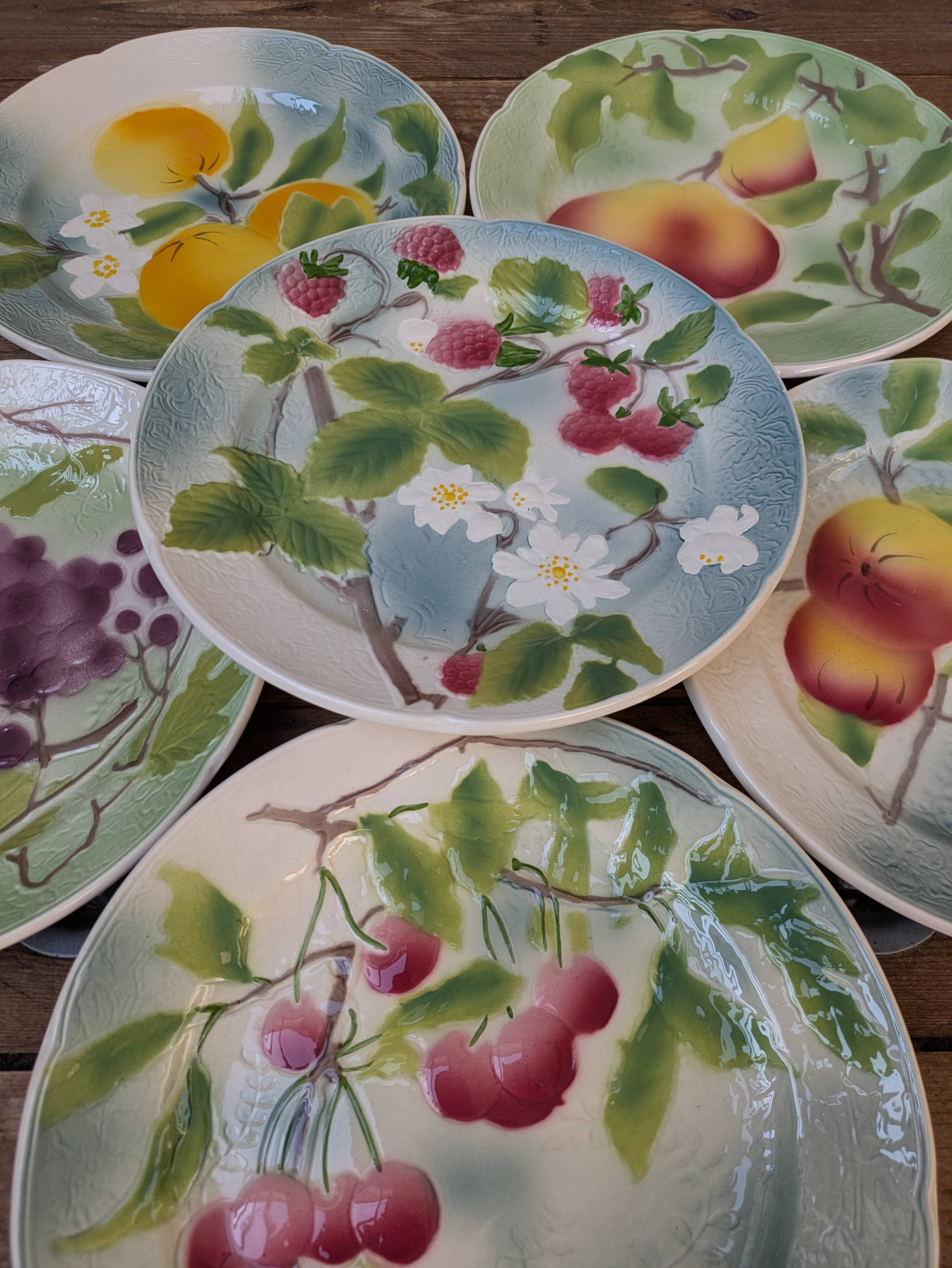 6 dessert plates in Saint Clément barbotine, hand-painted with a fruit motif.