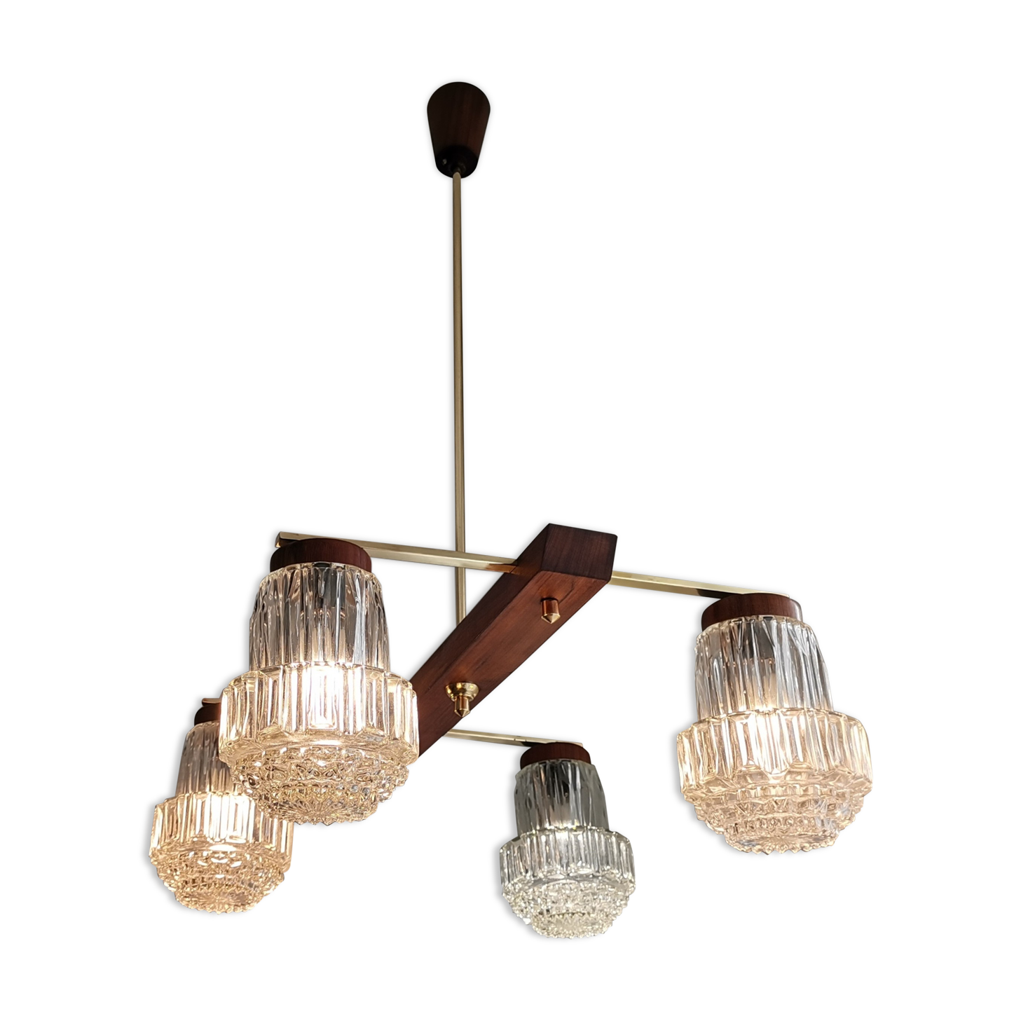 Vintage 60s rustic 4-light  wooden chandelier