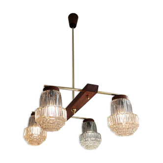 Lustre en bois rustique vintage des années 60 4 lumières