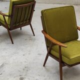 Pair of green velvet boomerang armchairs by Antonin Suman for Ton Bystrice "Thonet"