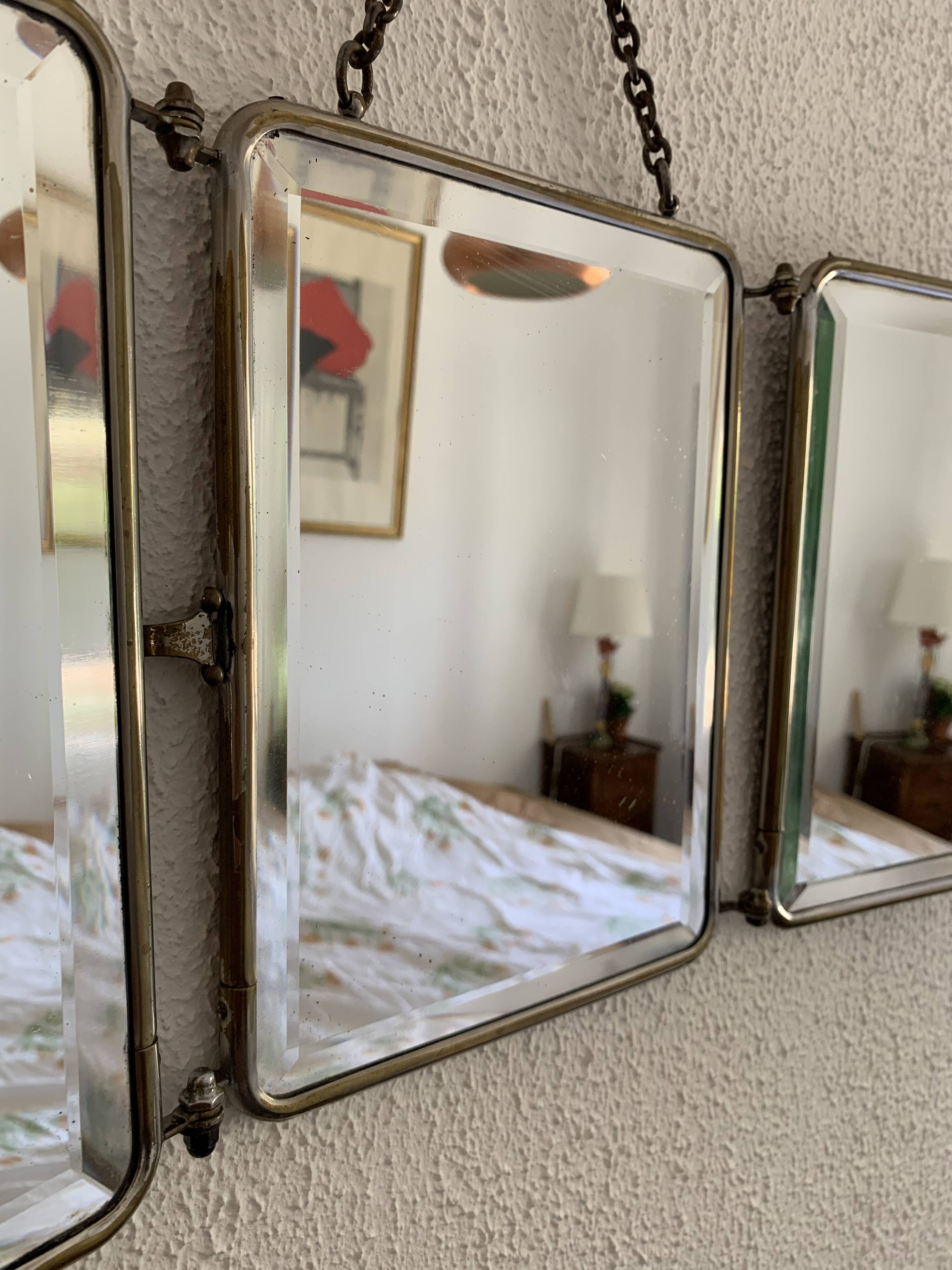 Miroir vintage 1930 triptyque de barbier lézard brun Art Déco - 26 x 61 cm