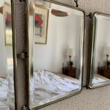 Miroir vintage 1930 triptyque de barbier lézard brun Art Déco - 26 x 61 cm