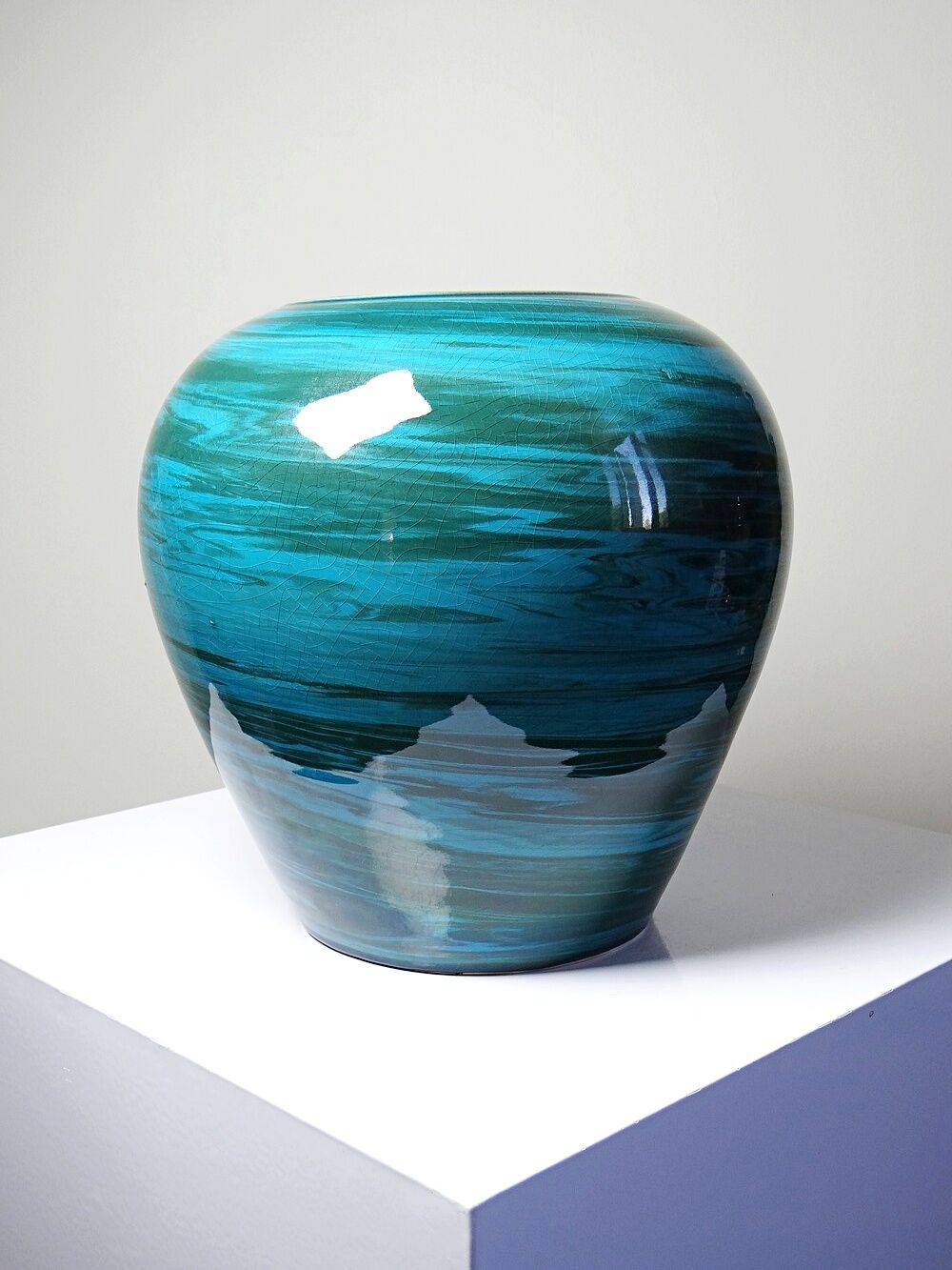 Large ceramic vase with mixed clays, malachite green glaze, 1950s-70s.