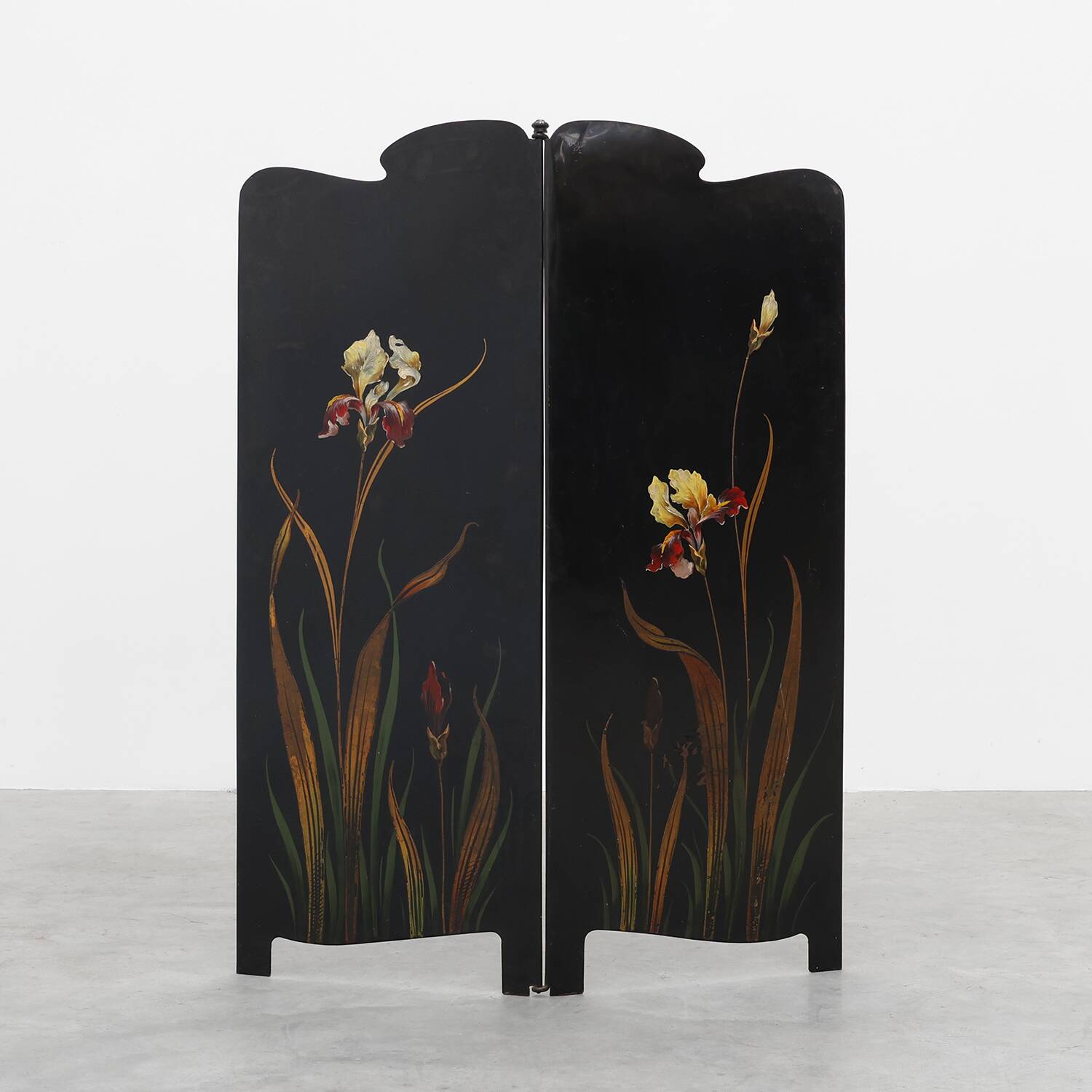 Art Nouveau Black Lacquered Two-Panel Screen with Hand-Painted Irises, Fran