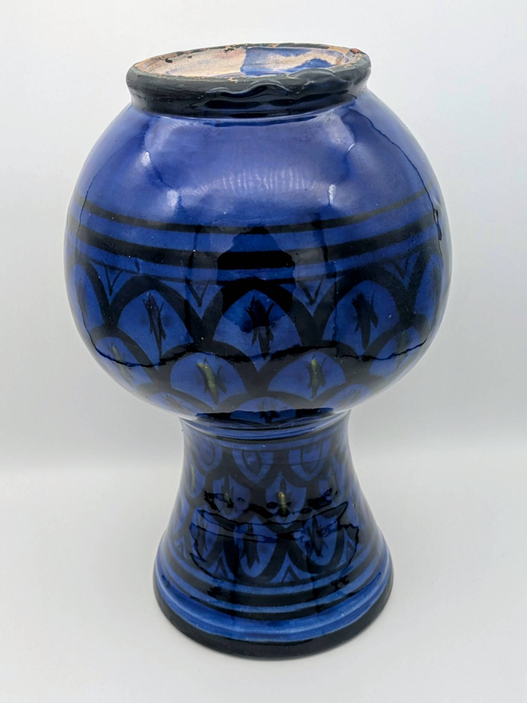 Large Baluster Vase in Safi Ceramic - Blue Black Geometric Design - Morocco