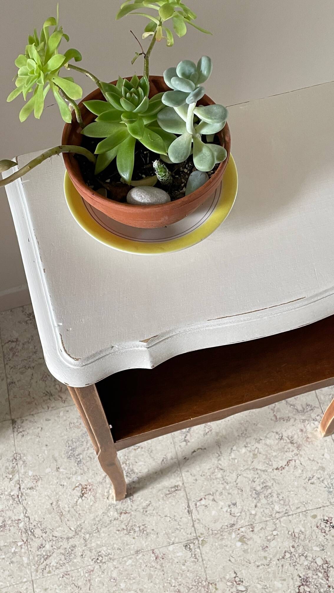 Vintage wood and white bedside table