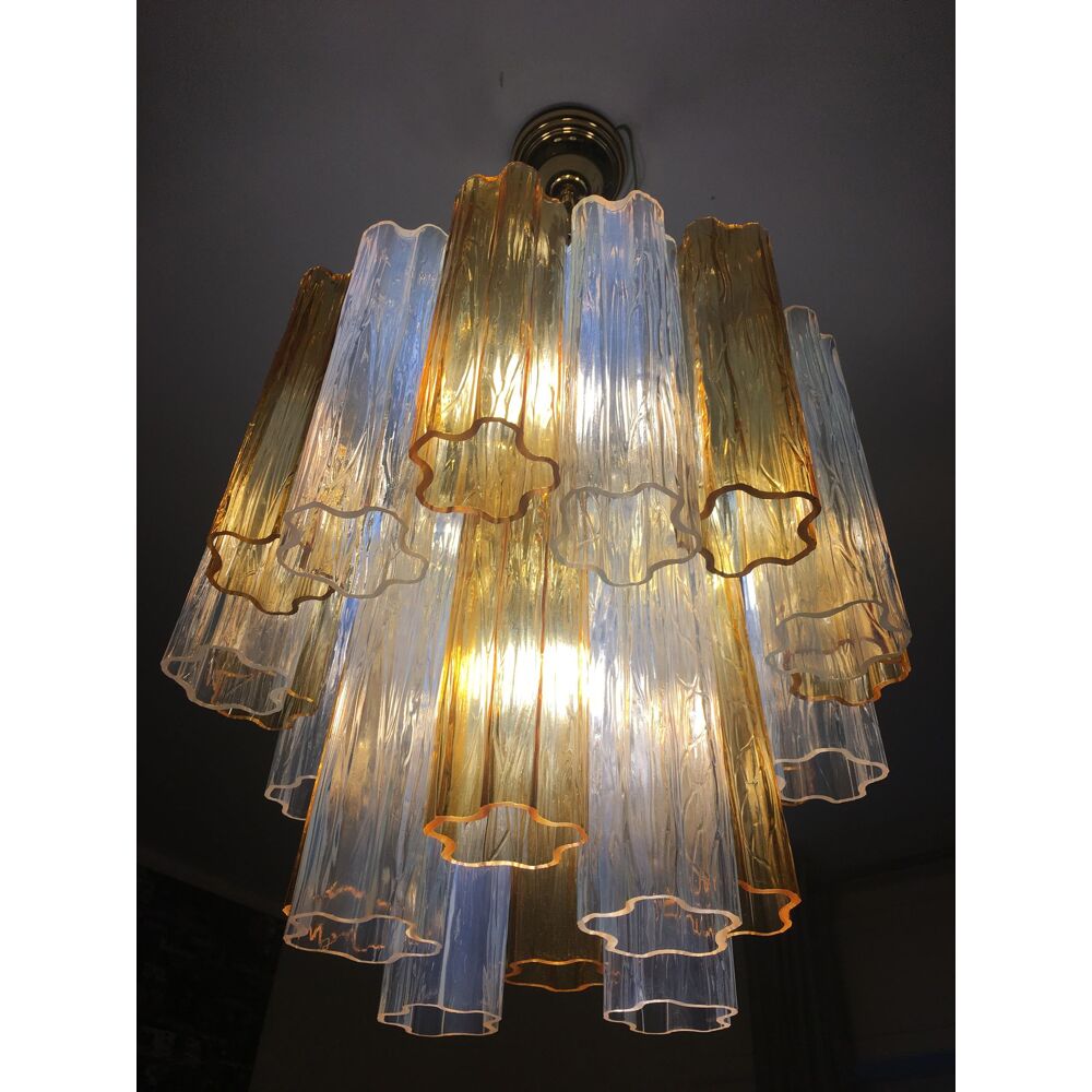 Murano glass chandelier “tronchi” in amber and opalino “tronchi” d50