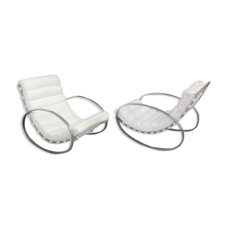 Pair of vintage chrome and leather rocking chairs