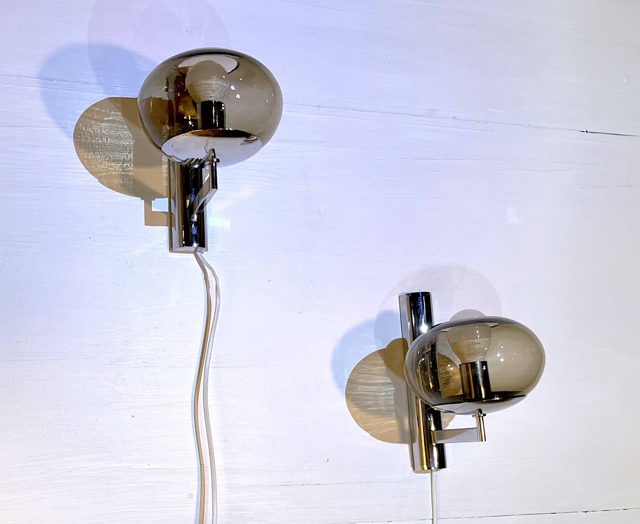 Sciolari, pair of chrome wall lights, smoked glass, Italy, 1970s