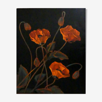 Painting Old Floral Composition Still Life Flowers Poppies