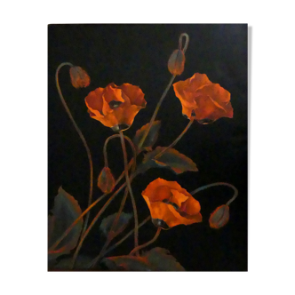 Painting Old Floral Composition Still Life Flowers Poppies