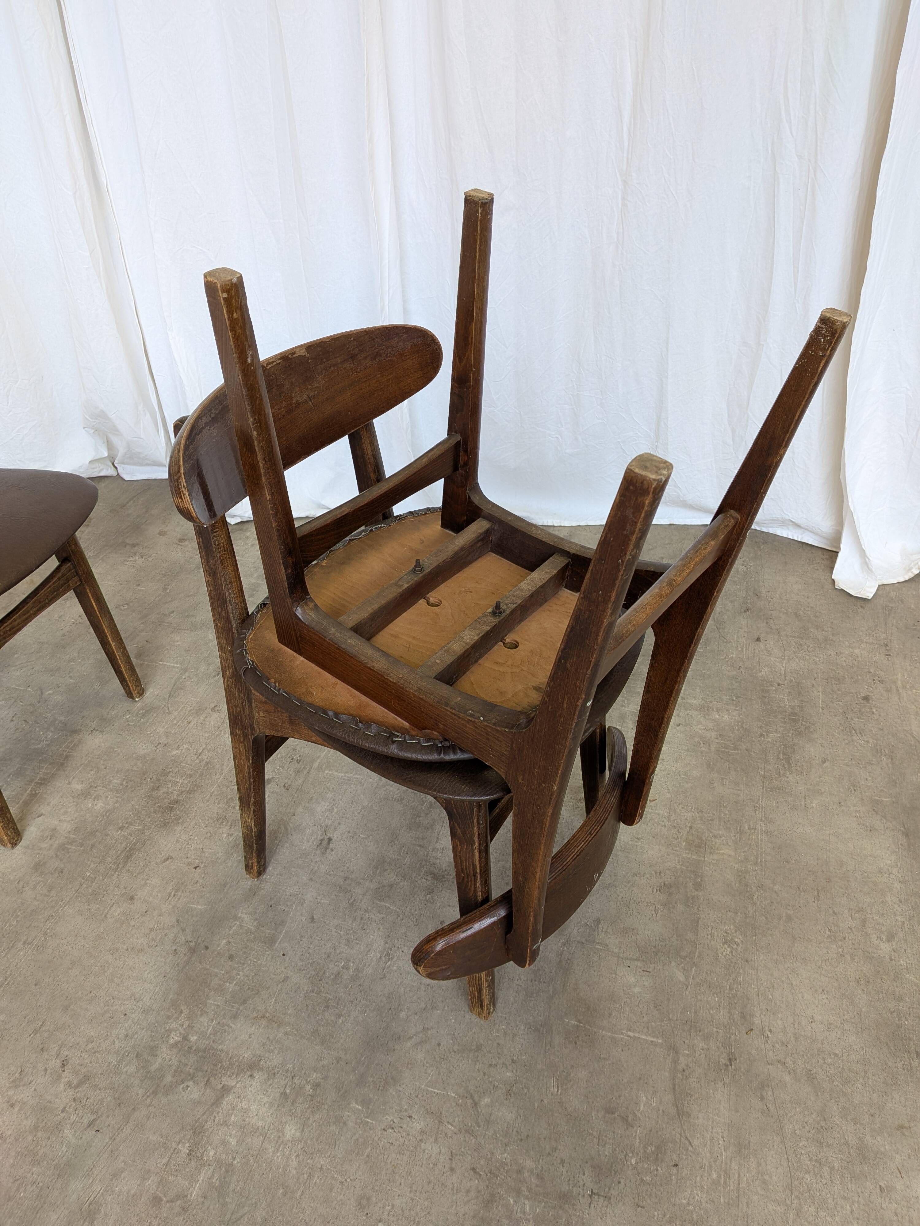 Set of 3 Vintage Wooden Dining Chairs with Brown Leather Seats / Mid-Centur