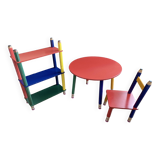 Postmodern round table, chair and bookcase by Pierre Sala 1980